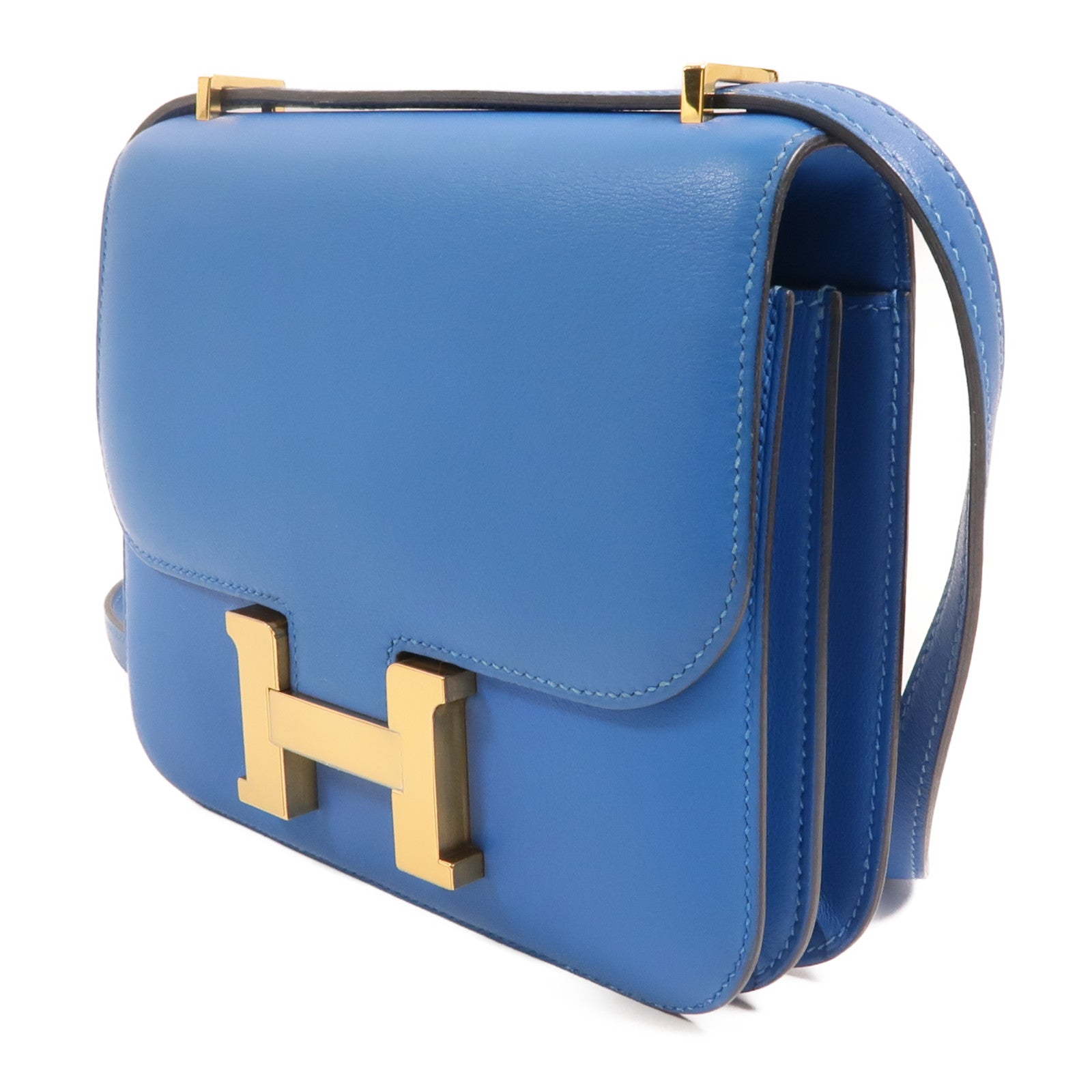 HERMES Swift皮革Constance Mini金扣肩背袋Bleu Izmir