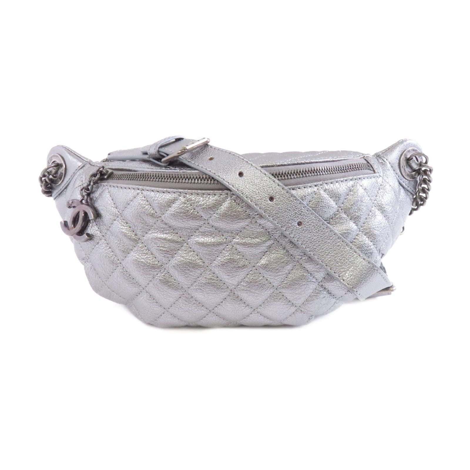 CHANEL 【激減優惠】菱格牛皮皮革15A Belt Bag銀扣腰包銀色