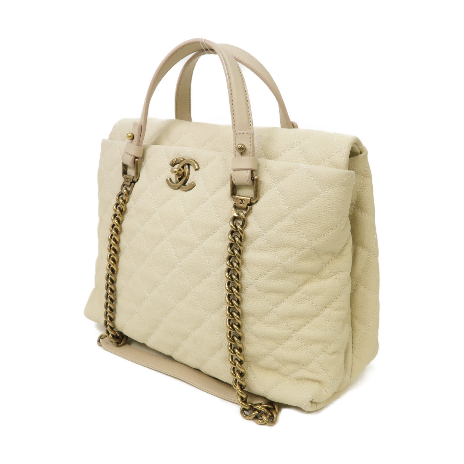 CHANEL 【激減優惠】菱格Caviar皮革2Way Chain Shoulder Bag金扣手挽肩背兩用袋白色