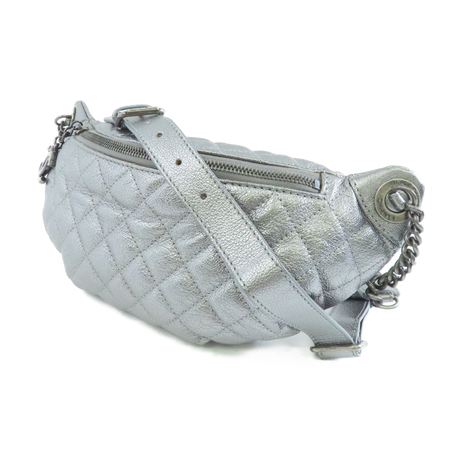 CHANEL 【激減優惠】菱格牛皮皮革15A Belt Bag銀扣腰包銀色