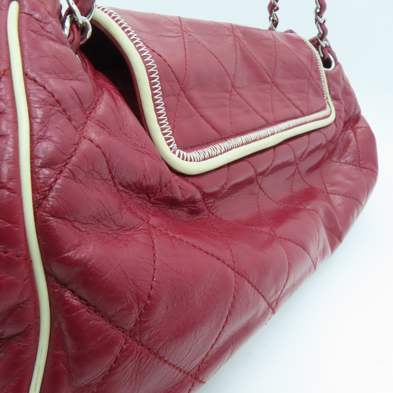 CHANEL 菱格牛皮皮革Chain Shoulder银扣肩背袋红色