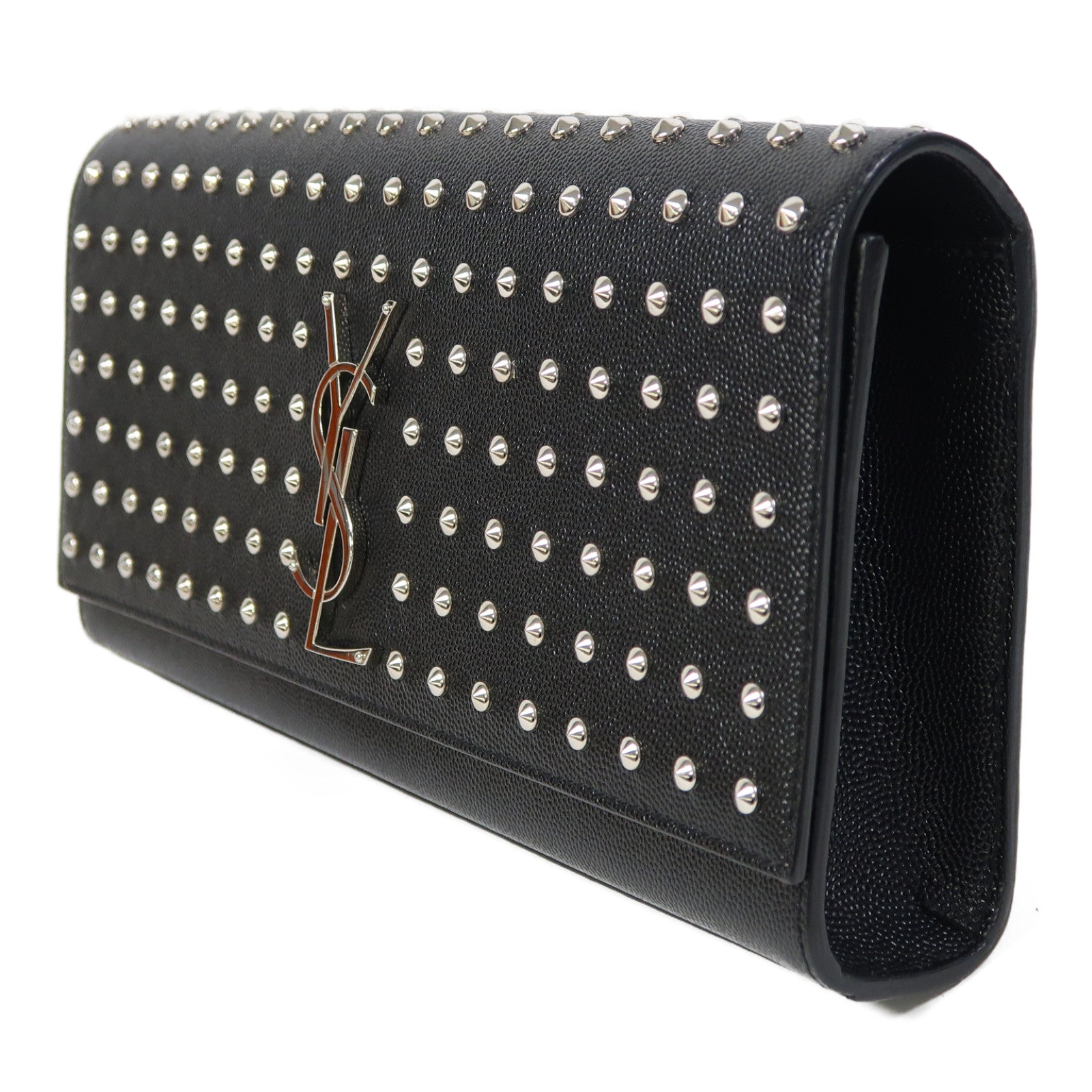 SAINT LAURENT 牛皮皮革Grain De poudre Matelasse studd銀扣手拿包黑色