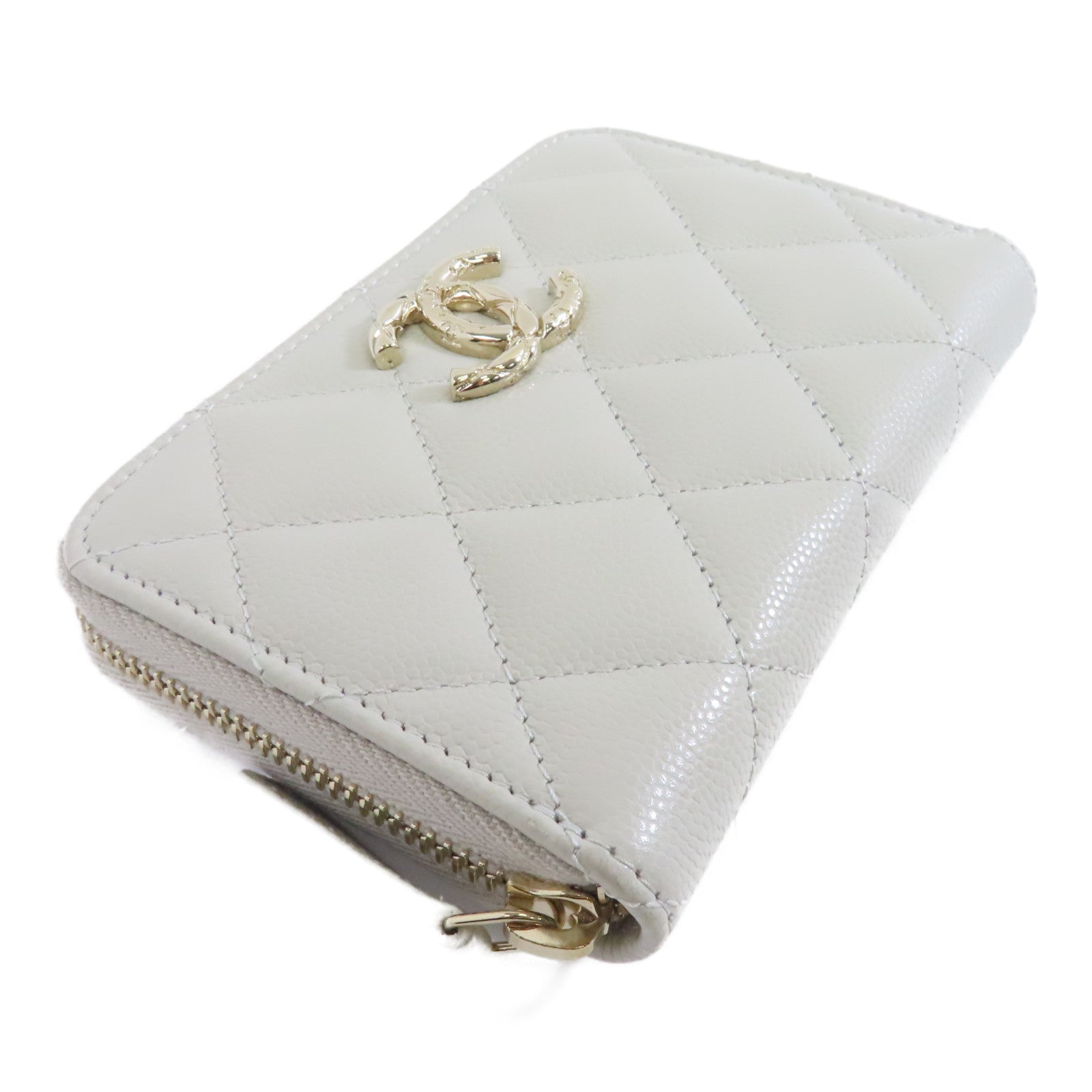 CHANEL Caviar皮革Card Case金扣卡片套白色