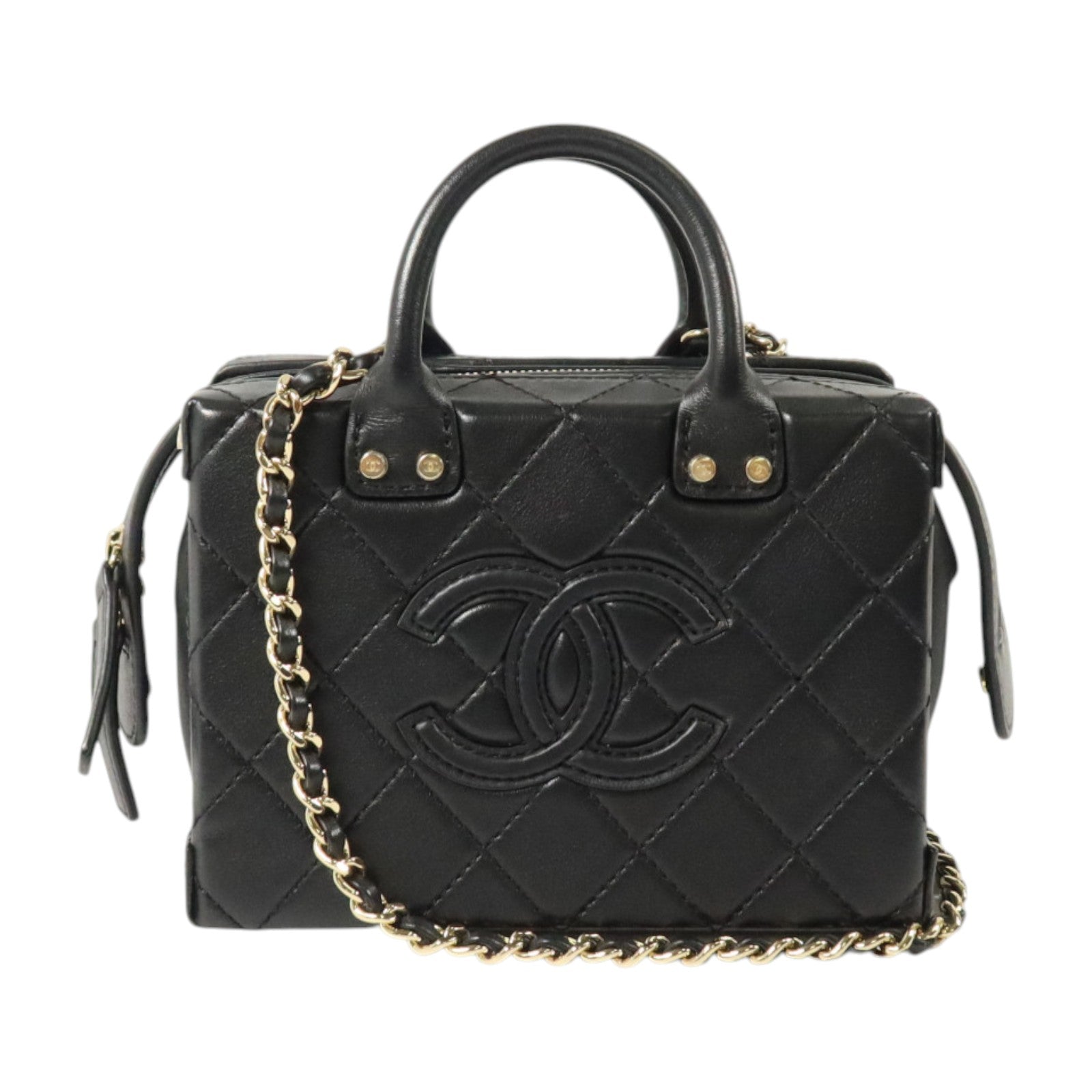 CHANEL 牛皮皮革Vanity Case Small金扣鏈帶肩背袋