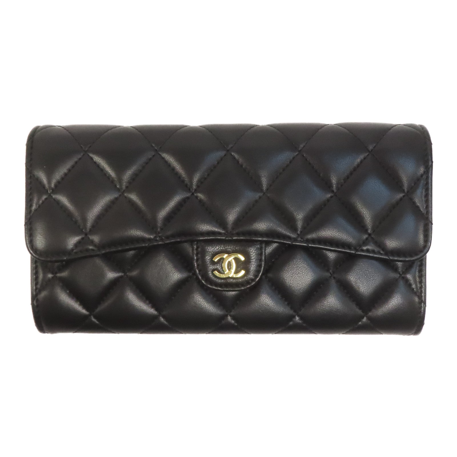 CHANEL 菱格羊皮皮革Classic Flap Long Wallet金扣長錢包黑色