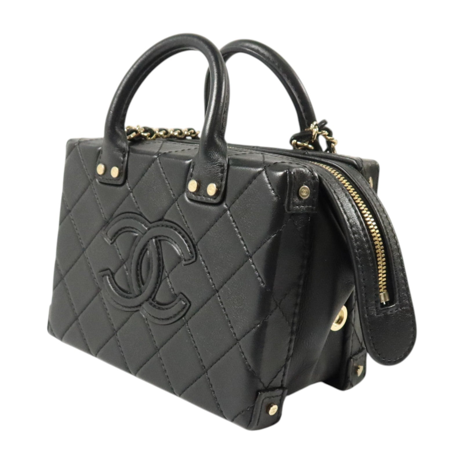 CHANEL 牛皮皮革Vanity Case Small金扣鏈帶肩背袋