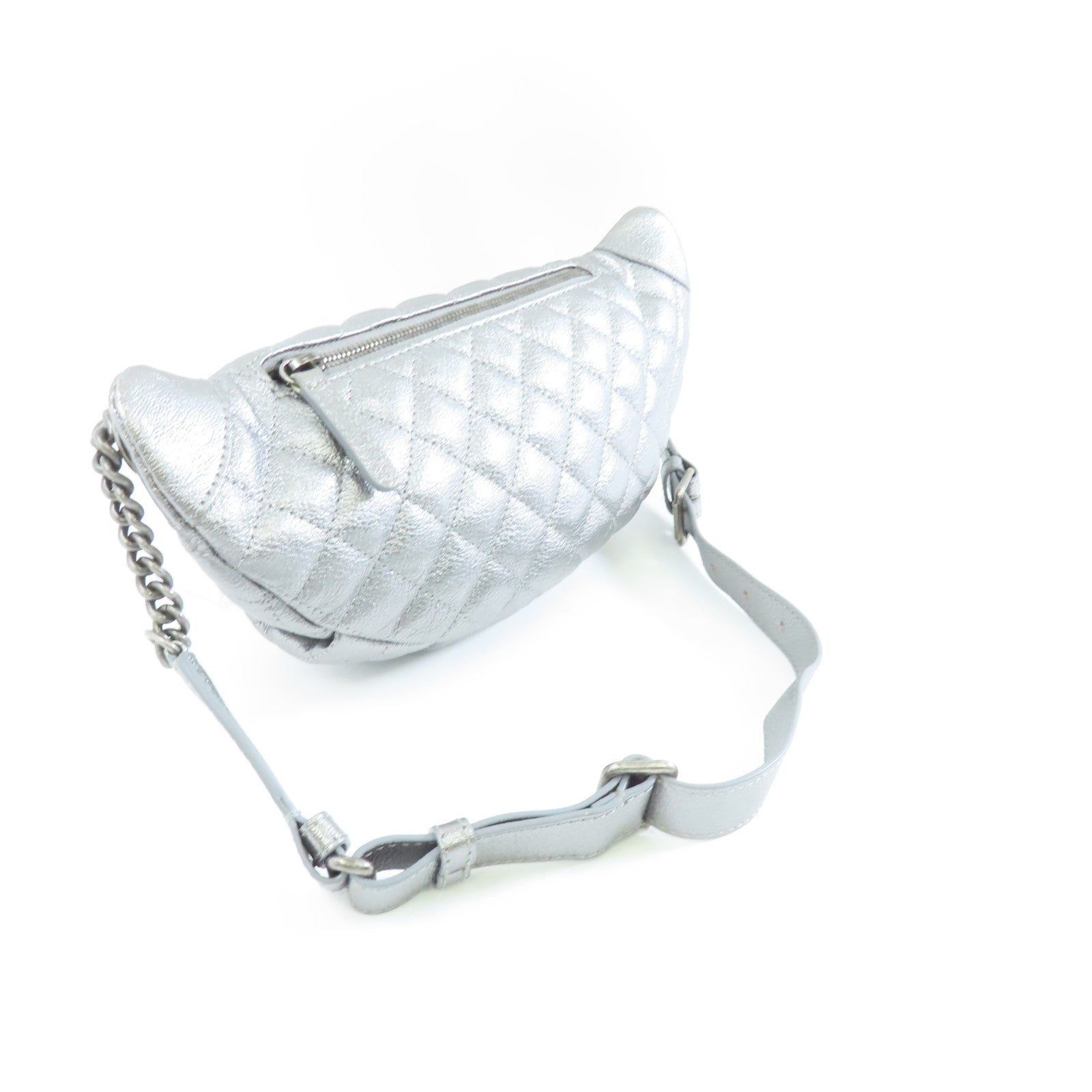 CHANEL 【激減優惠】菱格牛皮皮革15A Belt Bag銀扣腰包銀色
