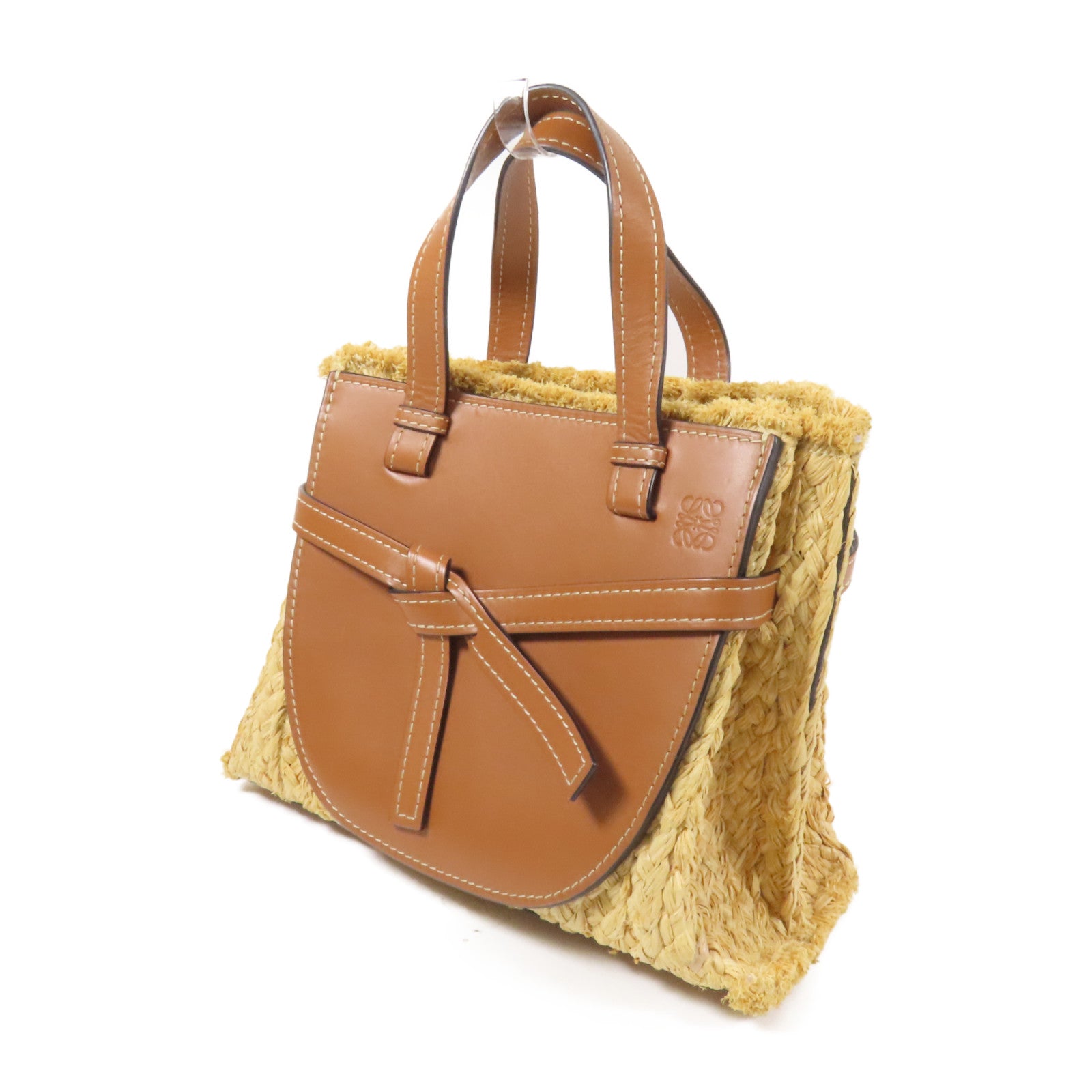 LOEWE Raffia/牛皮皮革Gate Tote Bag金扣手挽肩背兩用袋