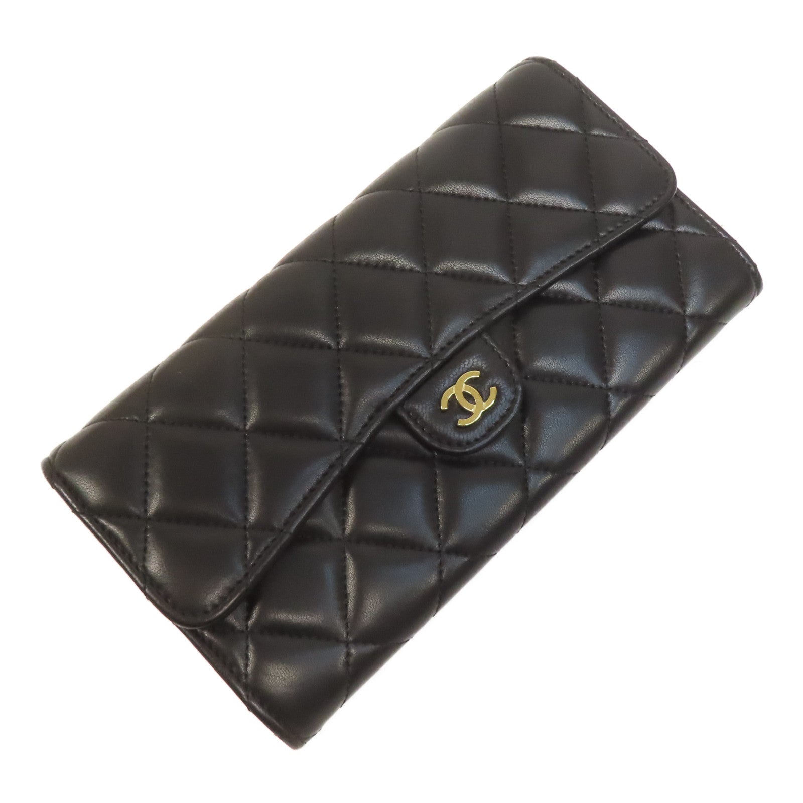 CHANEL 菱格羊皮皮革Classic Flap Long Wallet金扣長錢包黑色