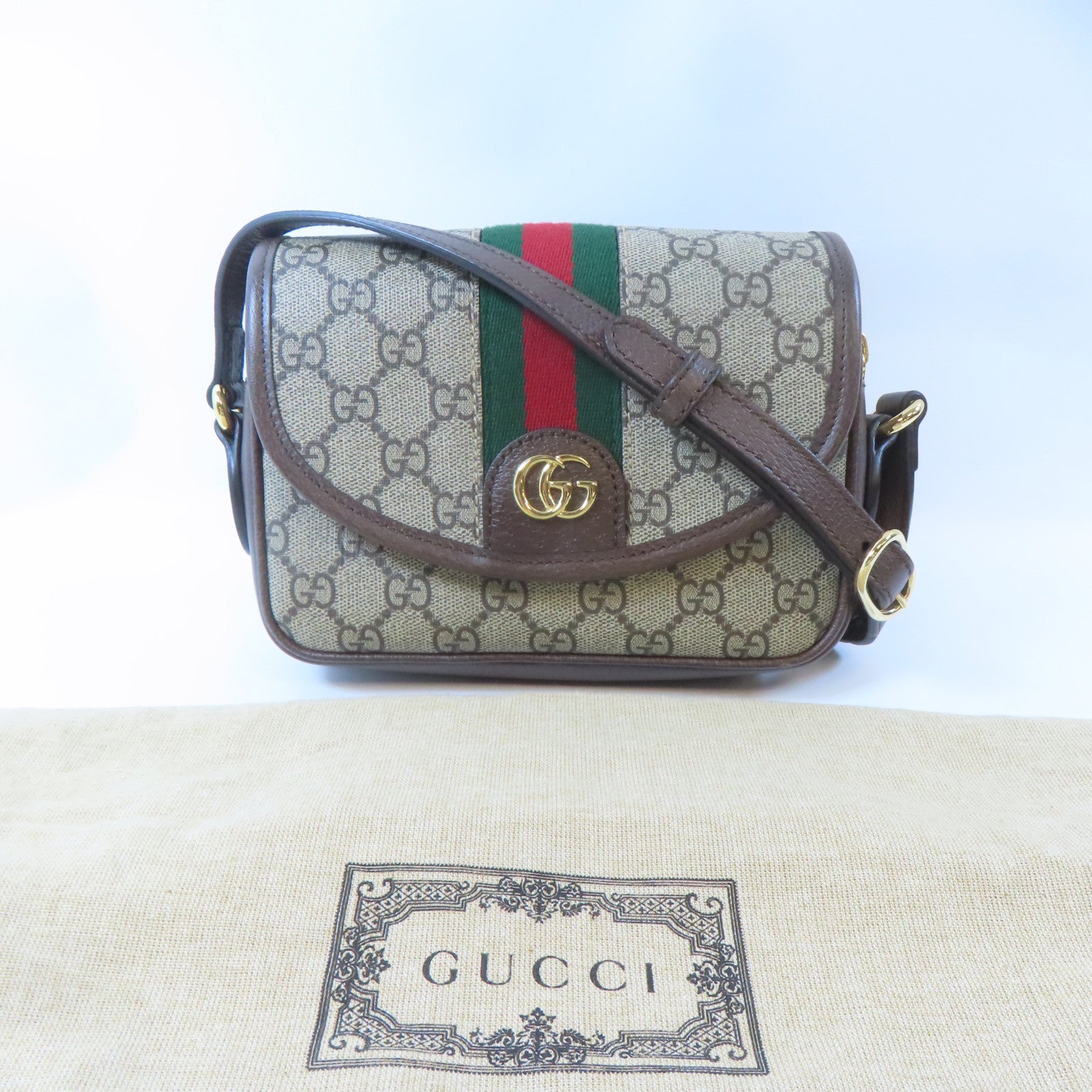 GUCCI 塗層帆布Ophidia金扣肩背袋棕色
