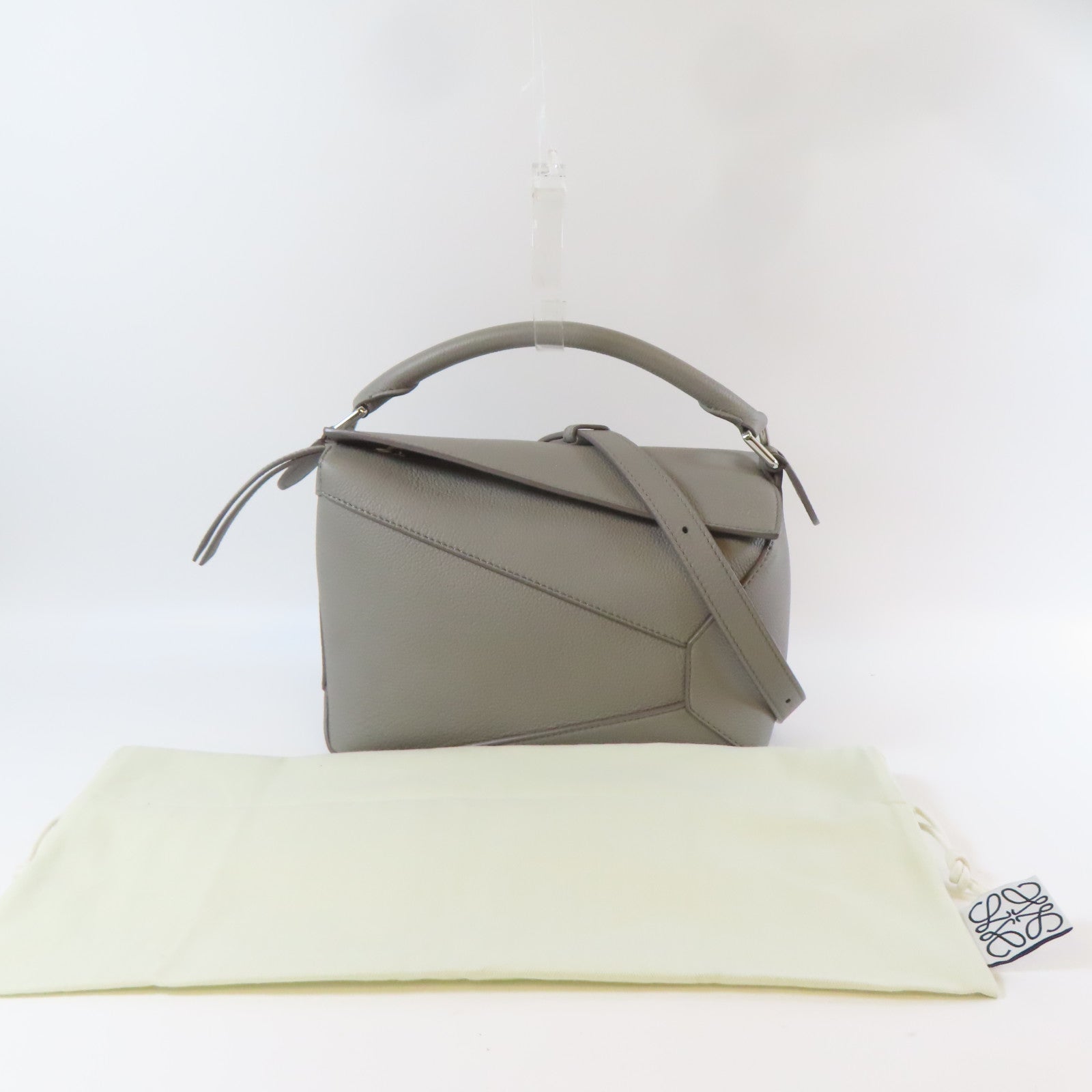LOEWE 牛皮皮革Small Puzzle Edge 2 Way Shoulder銀扣手挽肩背兩用袋灰色
