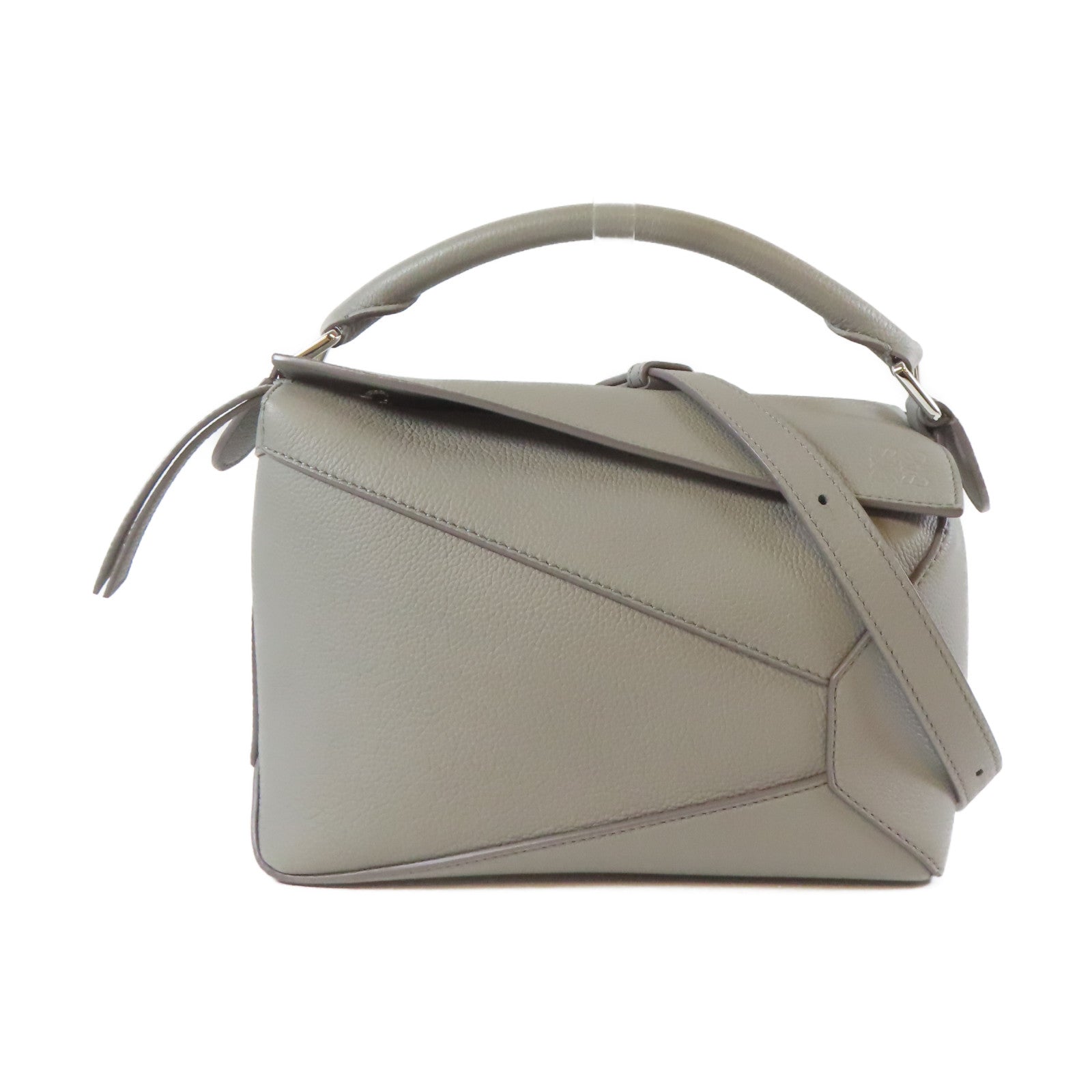 LOEWE 牛皮皮革Small Puzzle Edge 2 Way Shoulder銀扣手挽肩背兩用袋灰色