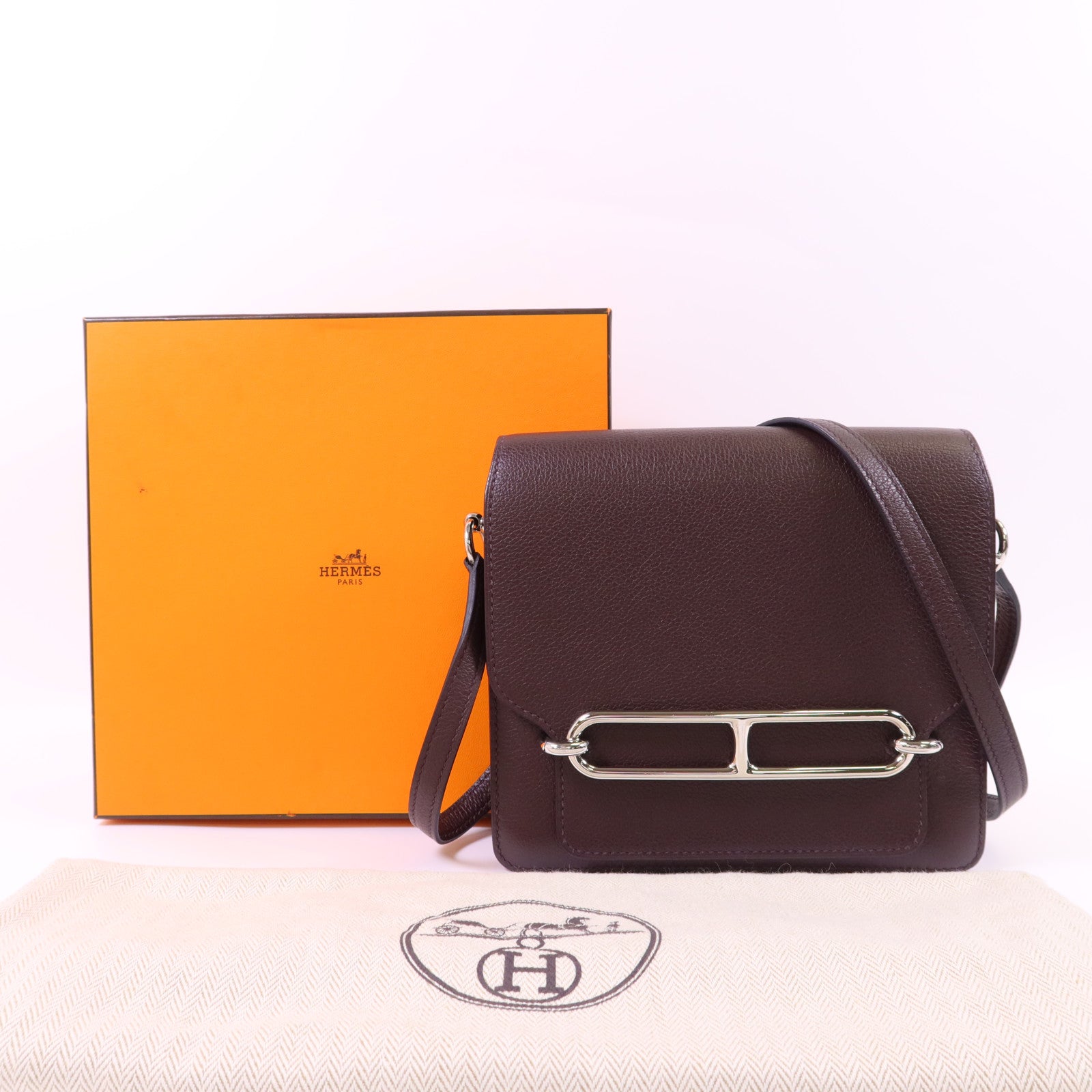 HERMES Evercolor皮革Roulis Mini銀扣肩背袋Rouge Sellier