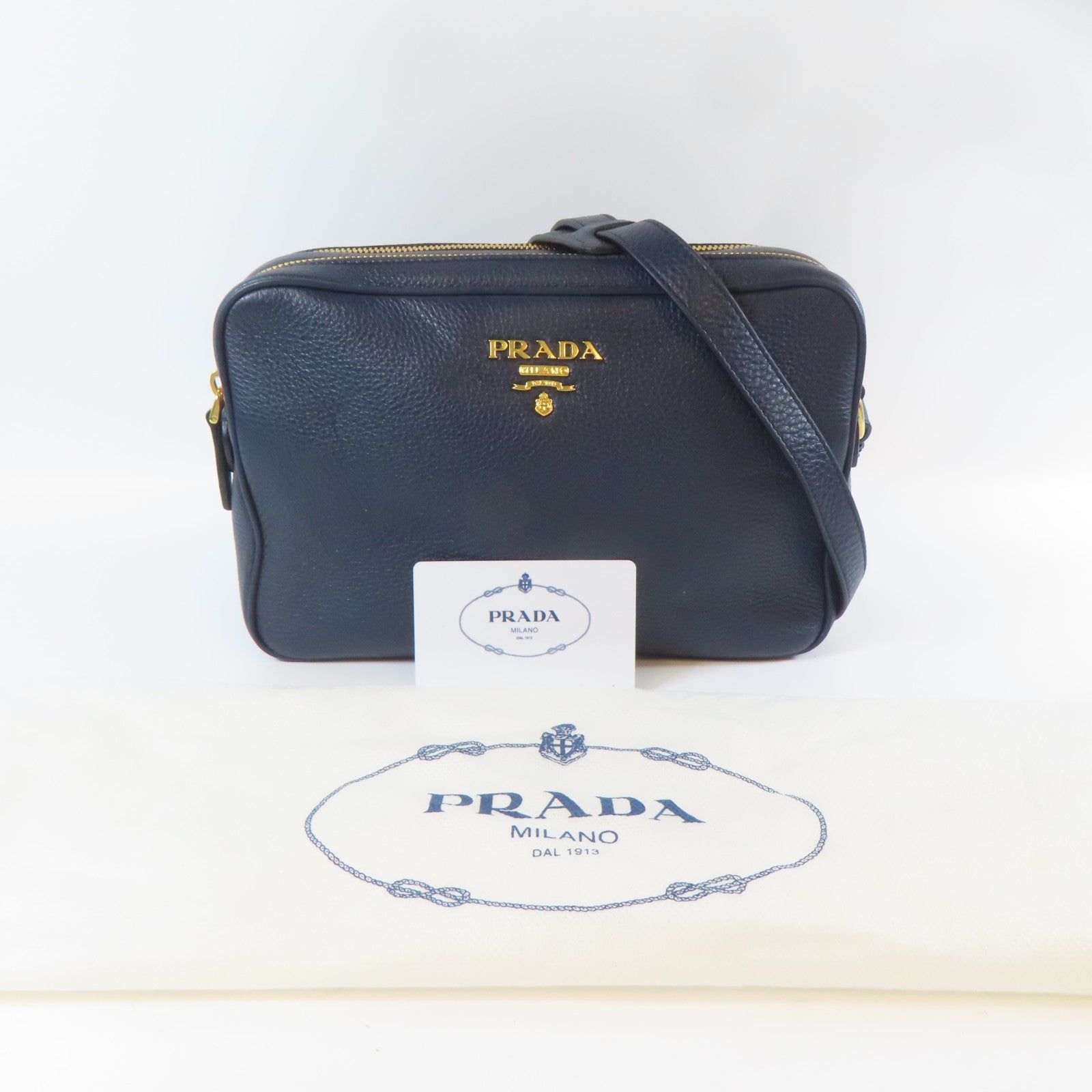 PRADA 牛皮皮革Shoulder Bag金扣肩背袋深藍色