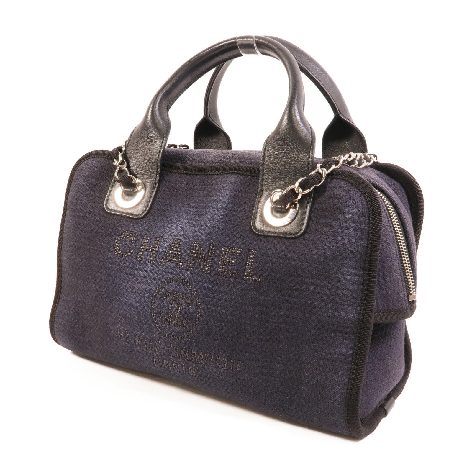 CHANEL 帆布Deauville Bowling鏈帶手挽肩背兩用袋