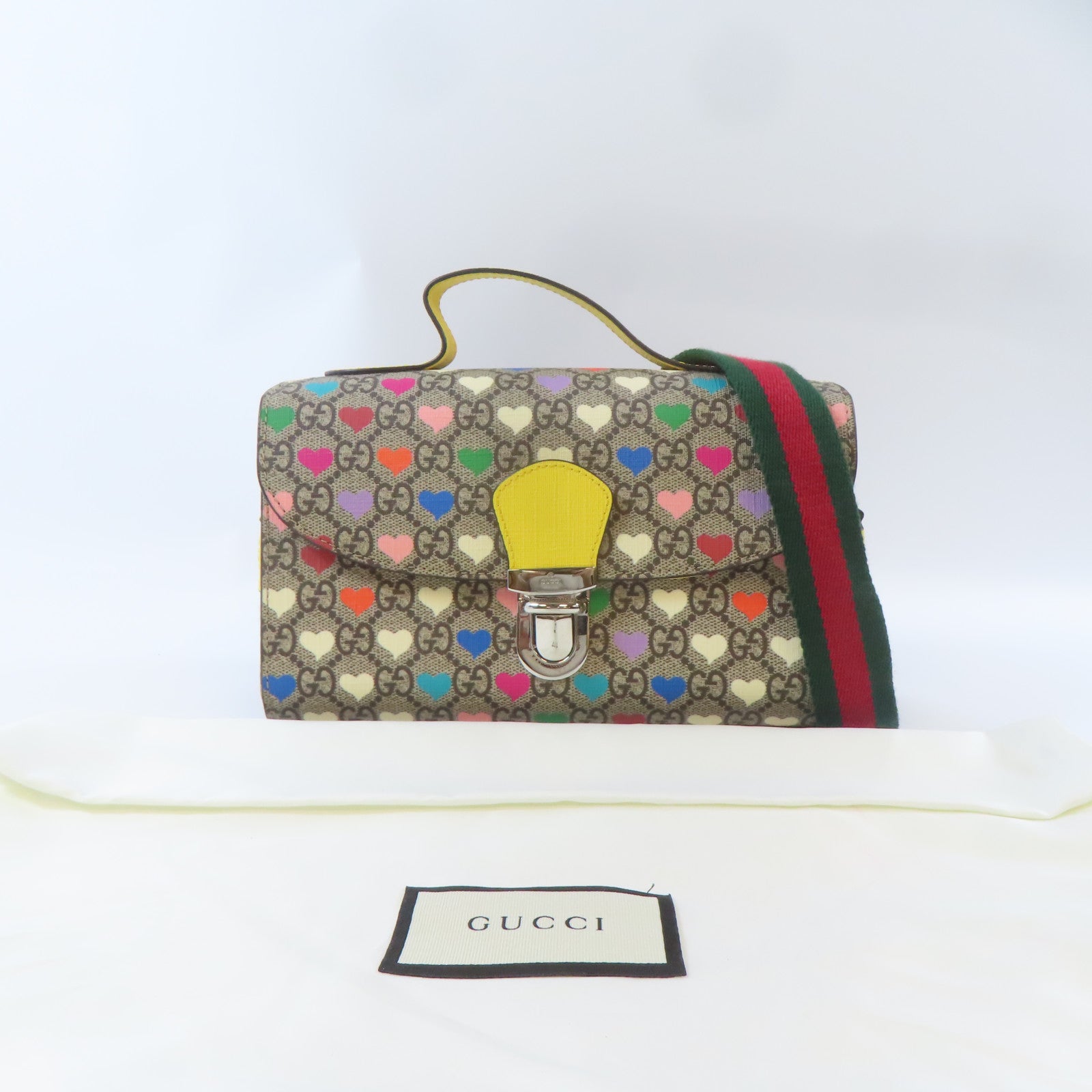 GUCCI 【激減優惠】塗層帆布GG Supreme 2 Way Bag銀扣手挽肩背兩用袋啡色/黃色
