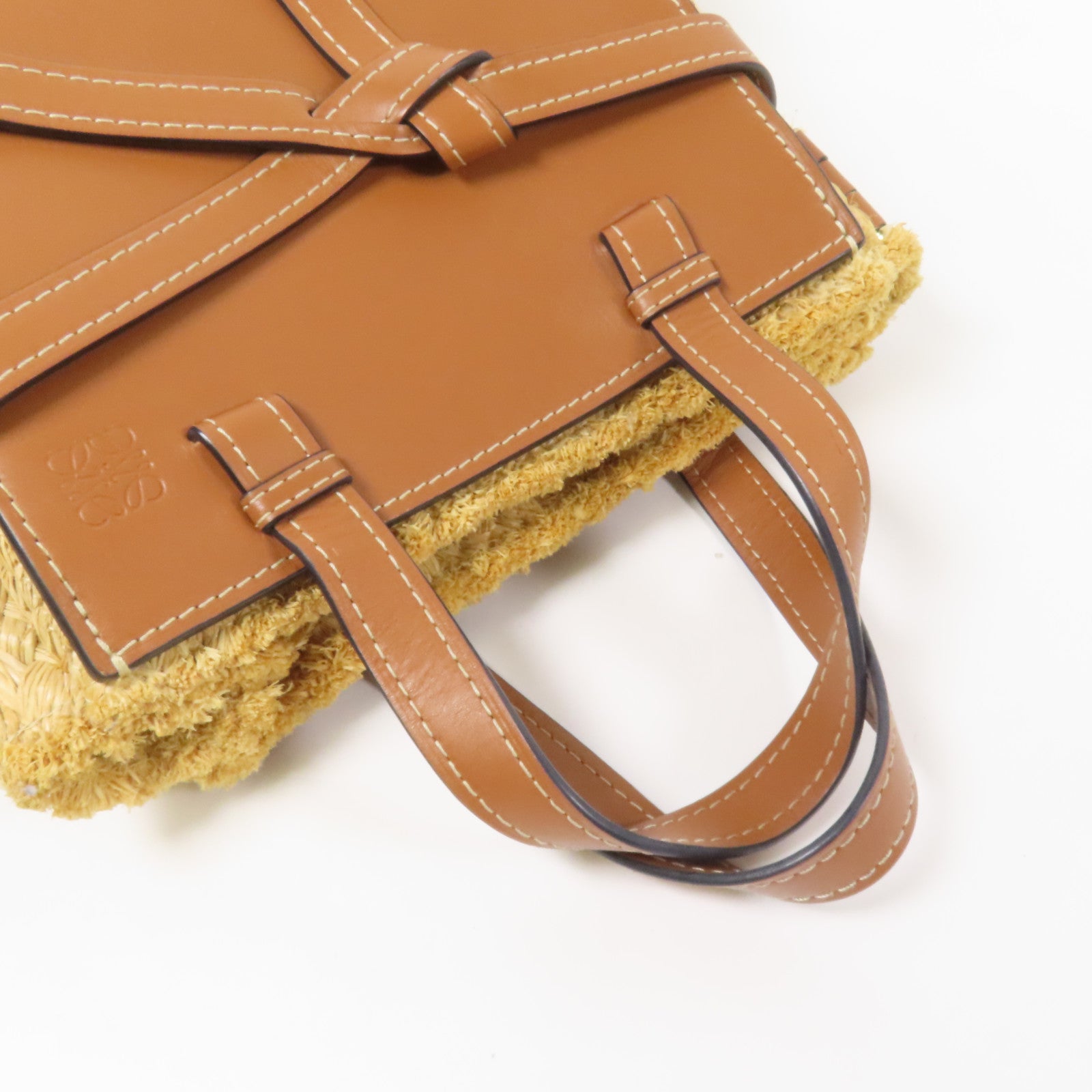 LOEWE Raffia/牛皮皮革Gate Tote Bag金扣手挽肩背兩用袋