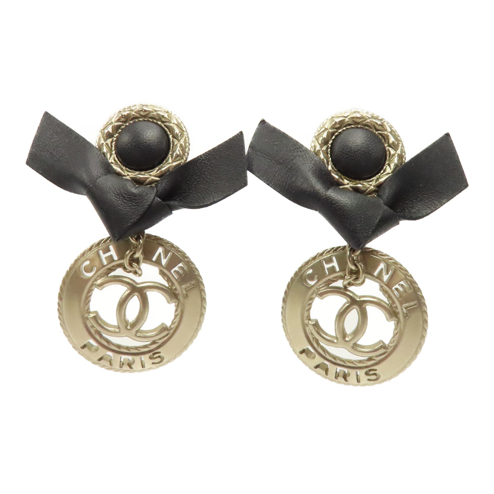 CHANEL 皮革/金屬Earrings耳環黑色/金色