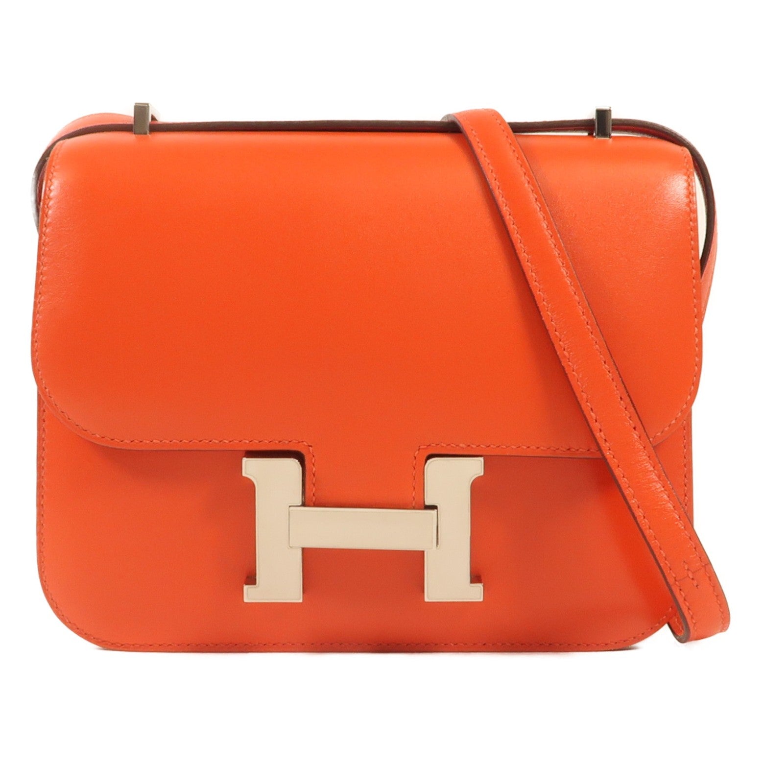 HERMES Box Calf皮革Constance Mini銀扣肩背袋Rouge Tomate