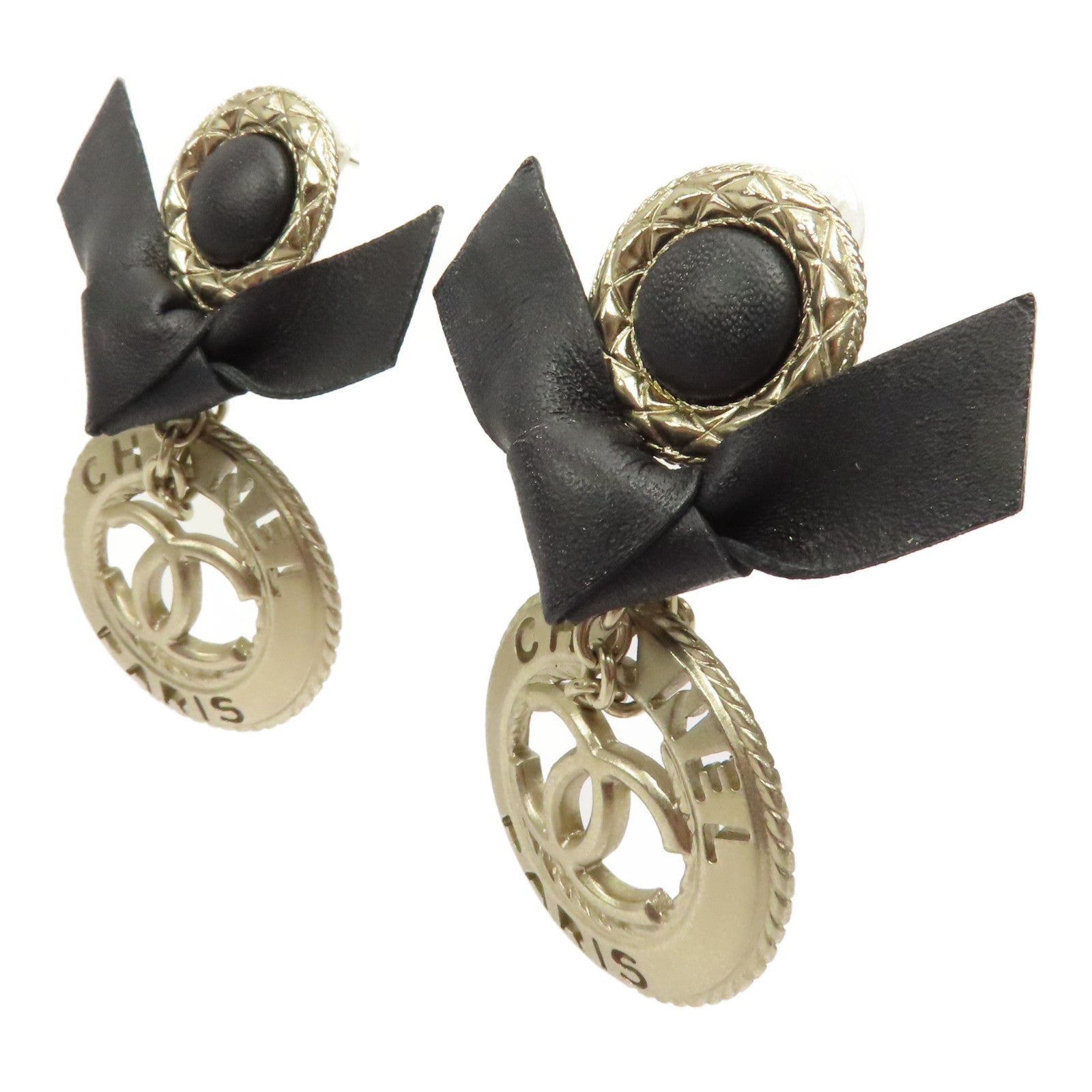 CHANEL 皮革/金屬Earrings耳環黑色/金色