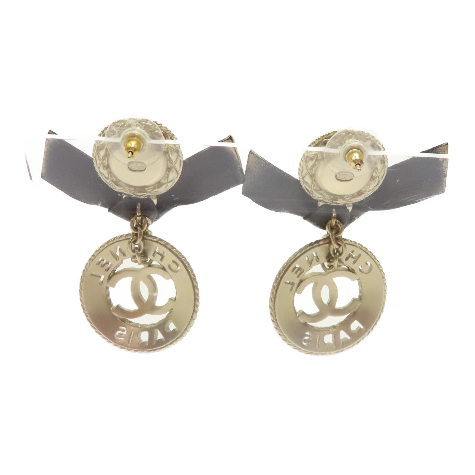 CHANEL 皮革/金屬Earrings耳環黑色/金色