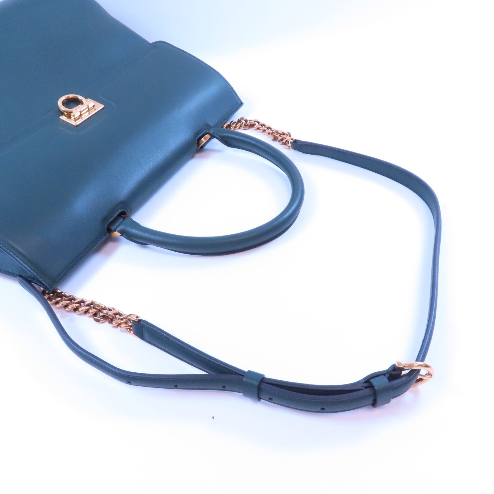 Salvatore Ferragamo GHW Trifolio 2Way Shoulder Bag Calfskin Leather Dark Green