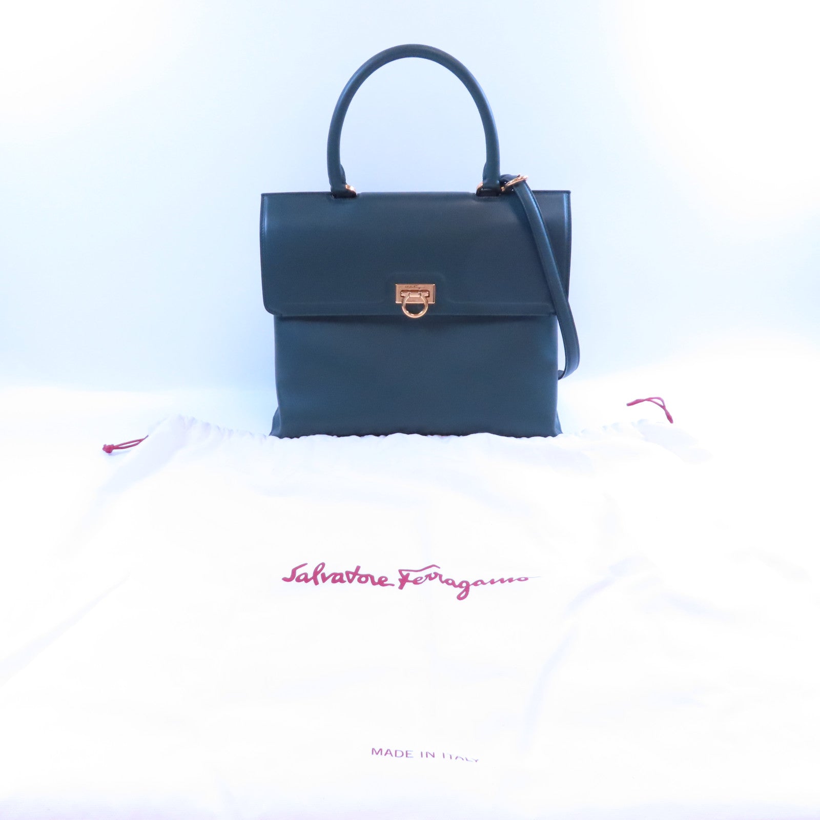 Salvatore Ferragamo GHW Trifolio 2Way Shoulder Bag Calfskin Leather Dark Green