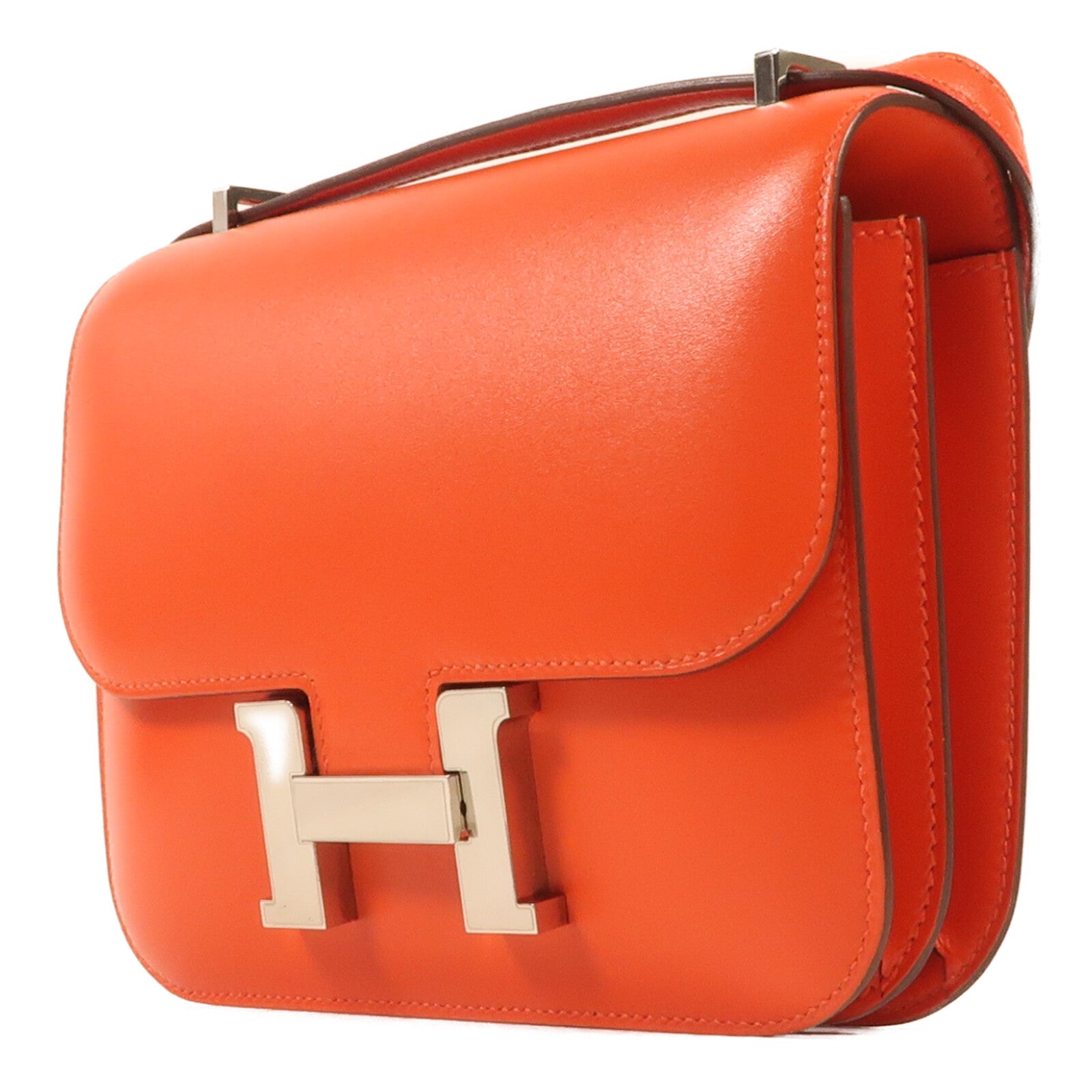 HERMES Box Calf皮革Constance Mini銀扣肩背袋Rouge Tomate