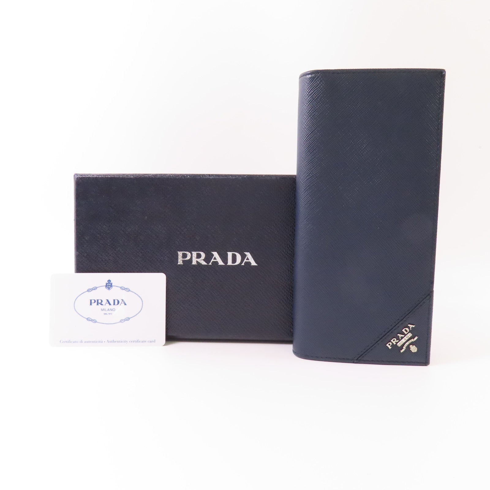 PRADA SHW Long Bifold Wallet 2MU836 Saffiano Leather Navy Blue