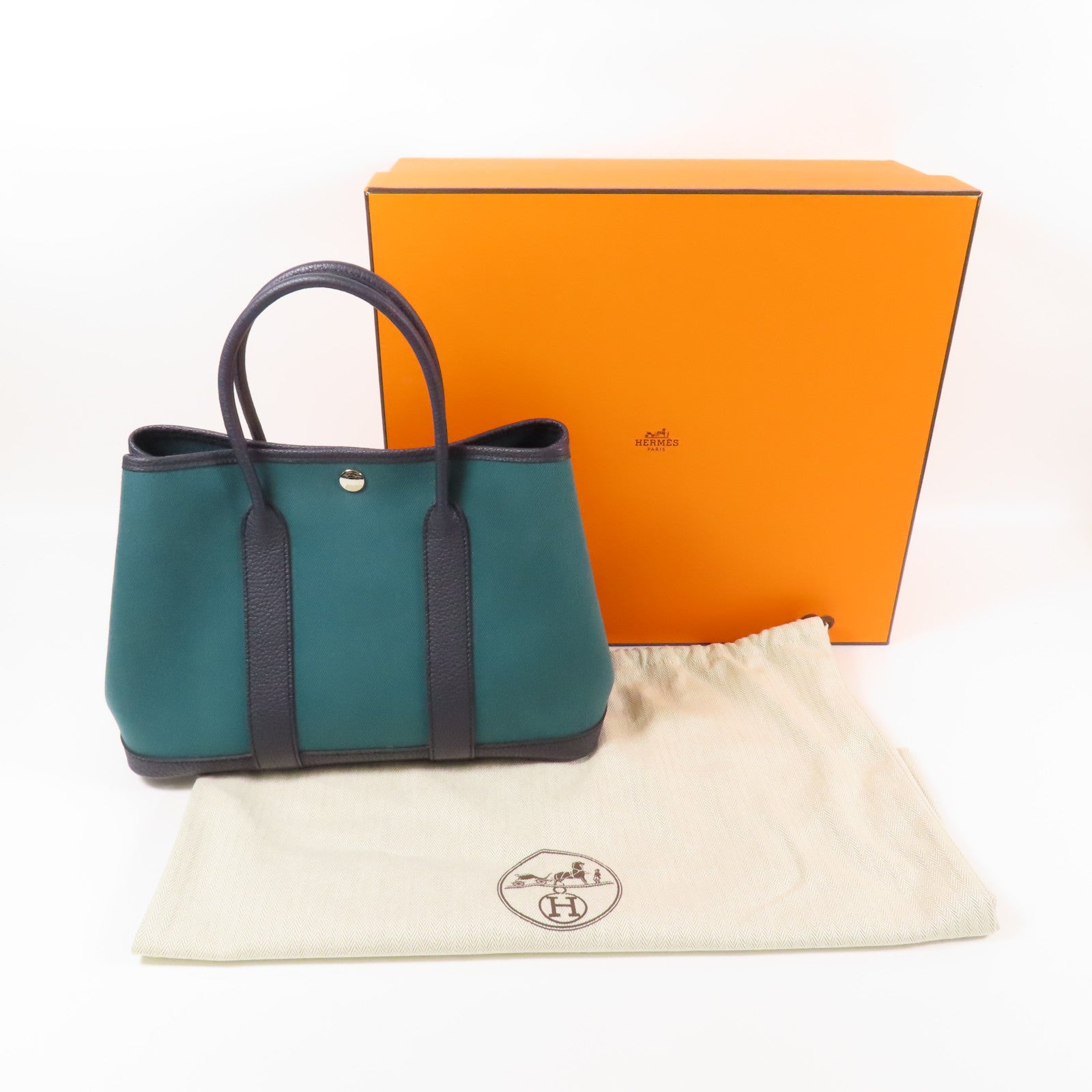 HERMES 帆布Garden Party TPM銀扣手挽袋Vert Vertigo