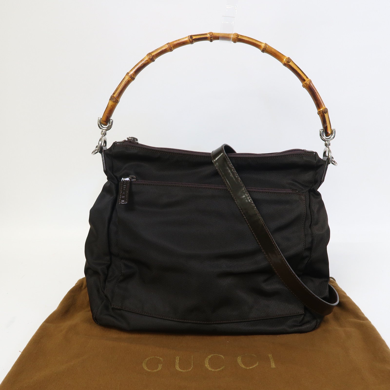 GUCCI 竹製/布Hand Bag銀扣手挽肩背兩用袋啡色