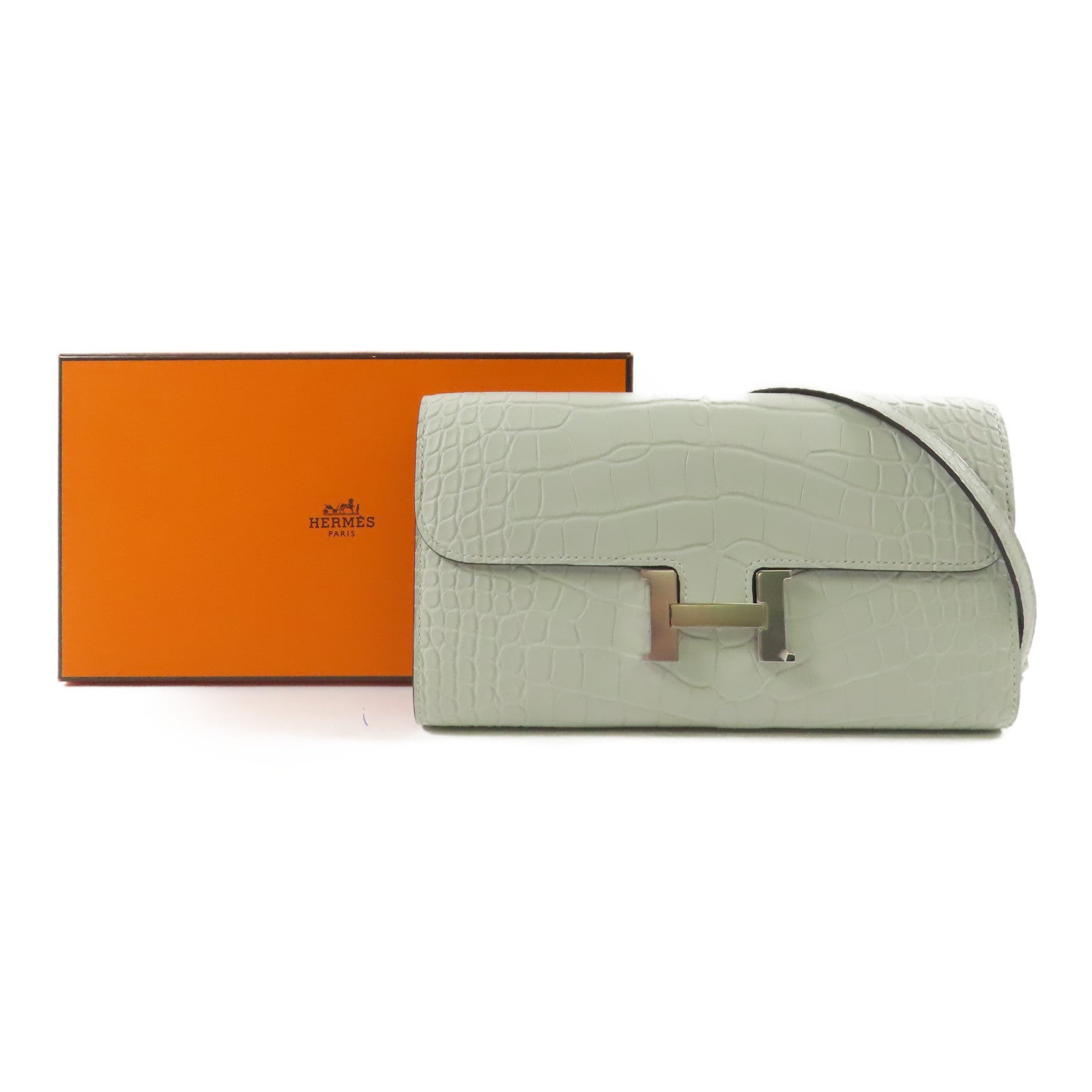 HERMES Alligator皮革Constance To Go銀扣肩背袋Gris Neve