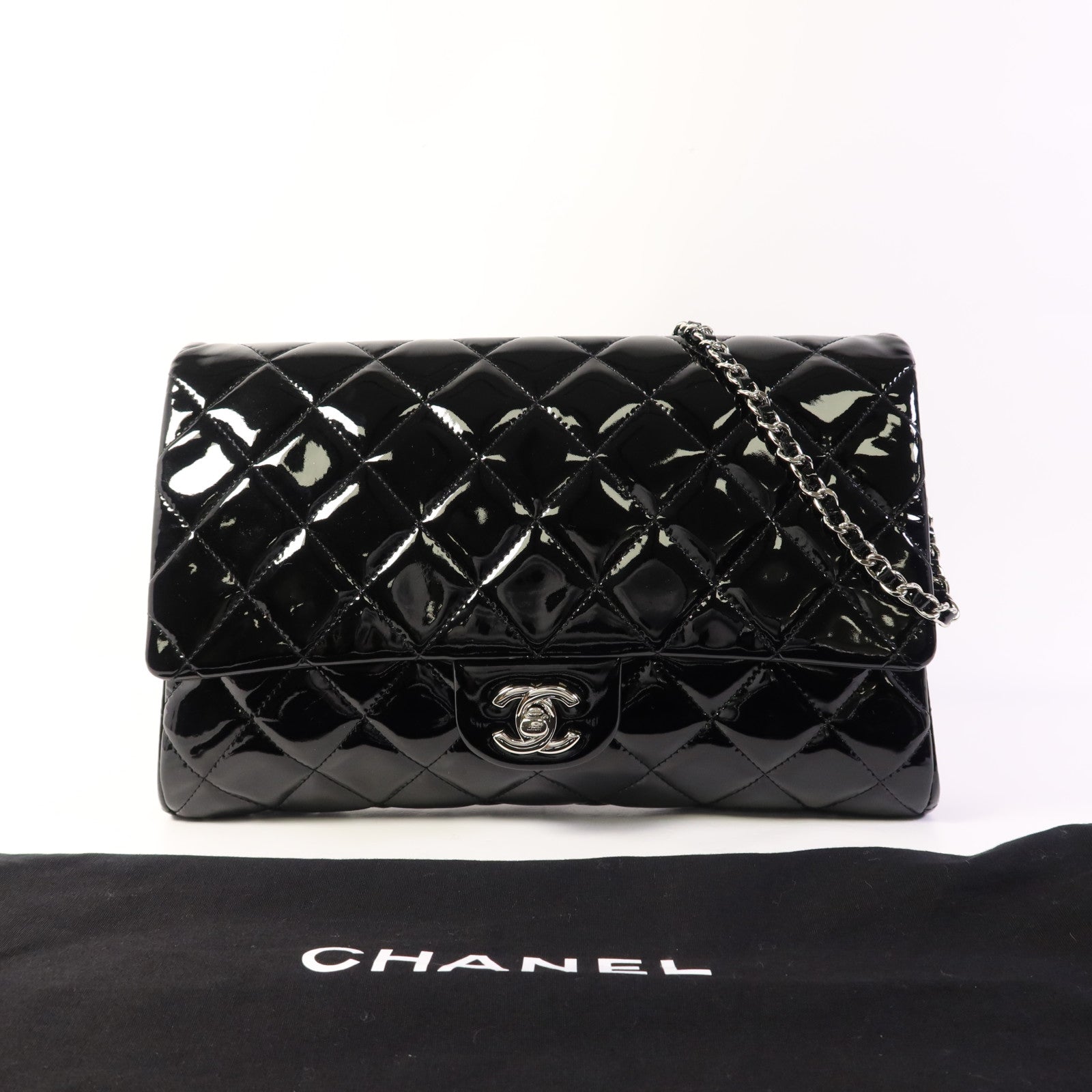 CHANEL 漆皮皮革Chain Shoulder Bag銀扣鏈帶肩背袋