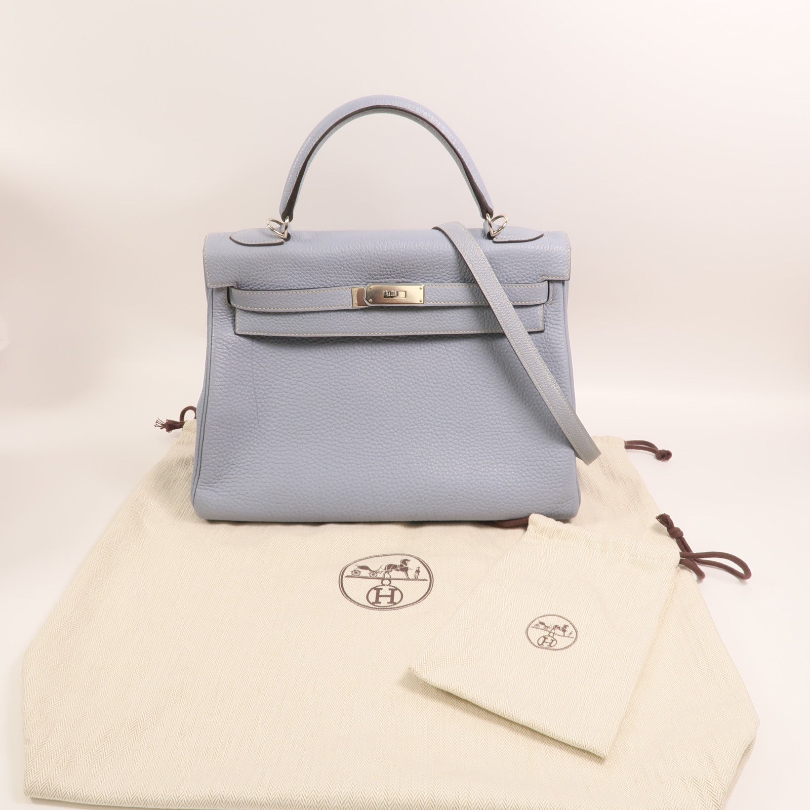 HERMES Togo皮革Kelly 32銀扣手挽肩背兩用袋Bleu Lin