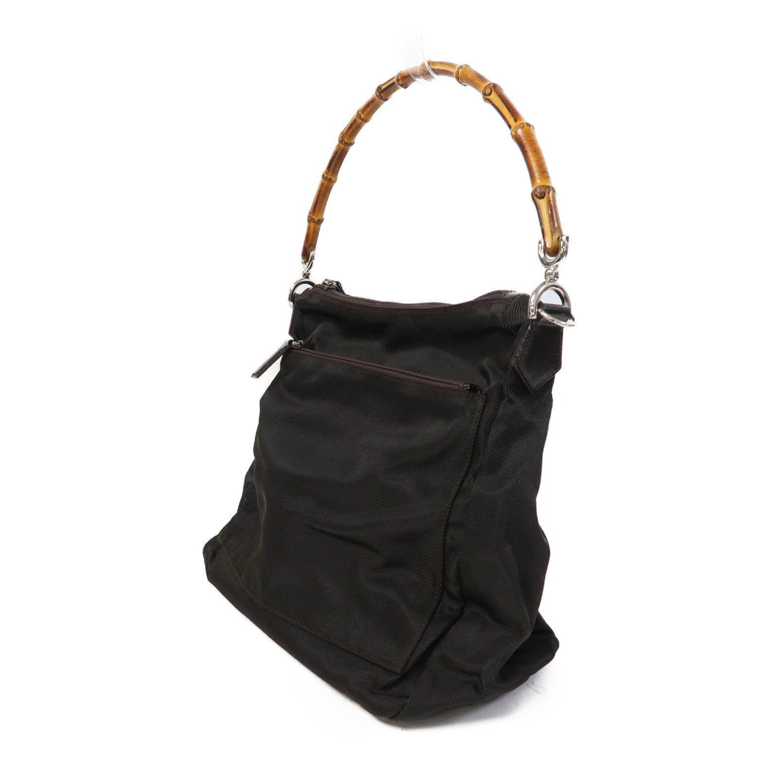 GUCCI 竹製/布Hand Bag銀扣手挽肩背兩用袋啡色