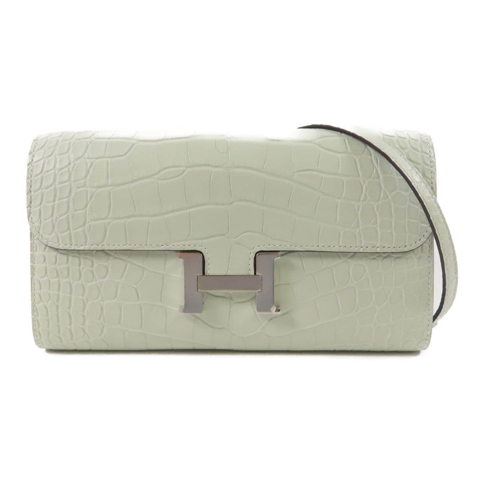 HERMES Alligator皮革Constance To Go銀扣肩背袋Gris Neve