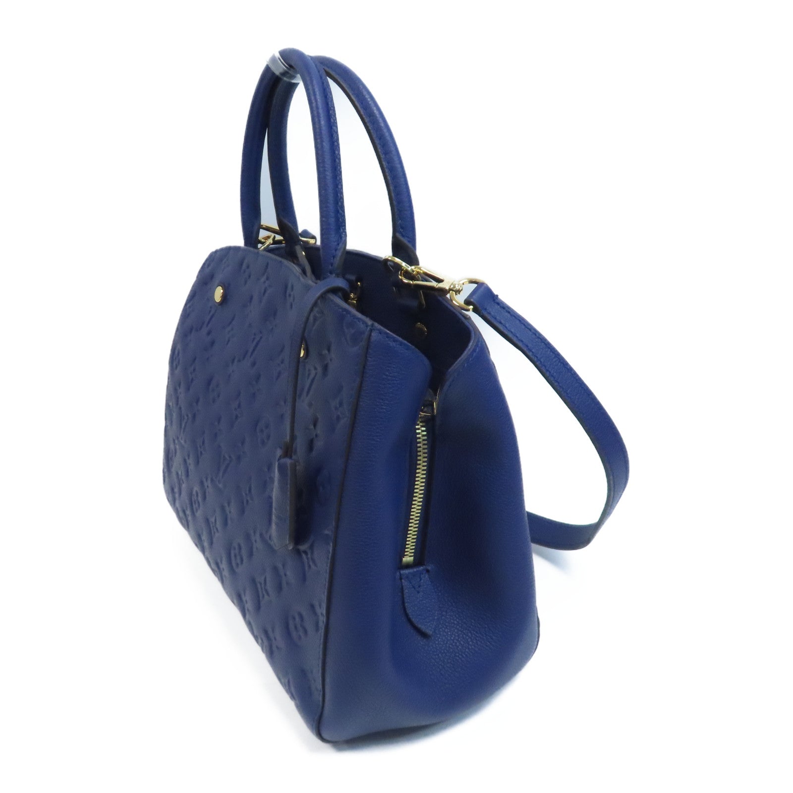 LOUIS VUITTON Monogram Empreinte Montaigne MM金扣手挽肩背兩用袋藍色
