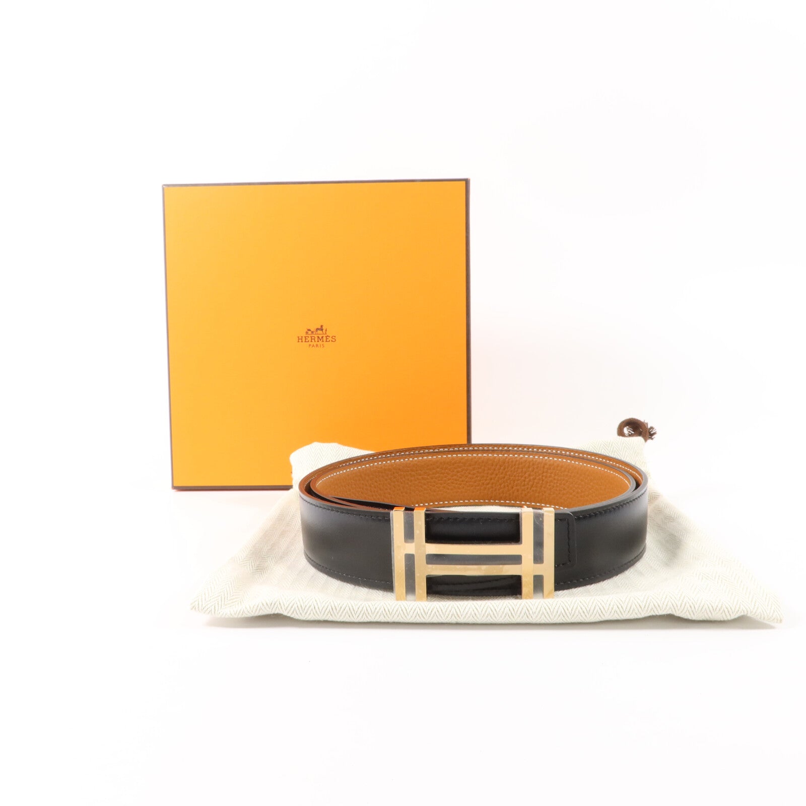 HERMES Box Calf皮革/Togo皮革H Au Carre Belt 90cm金扣皮帶Noir/Gold