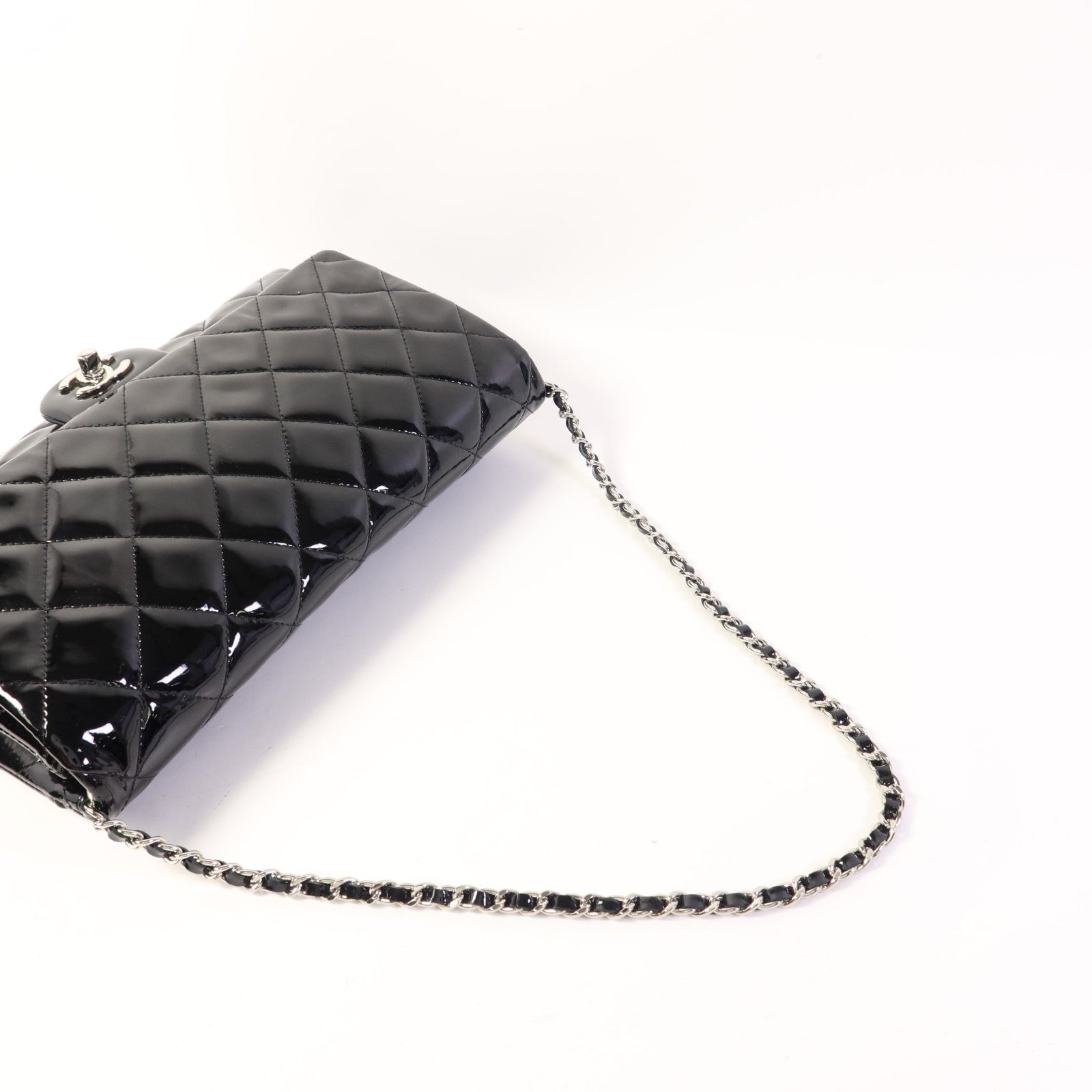 CHANEL 漆皮皮革Chain Shoulder Bag銀扣鏈帶肩背袋