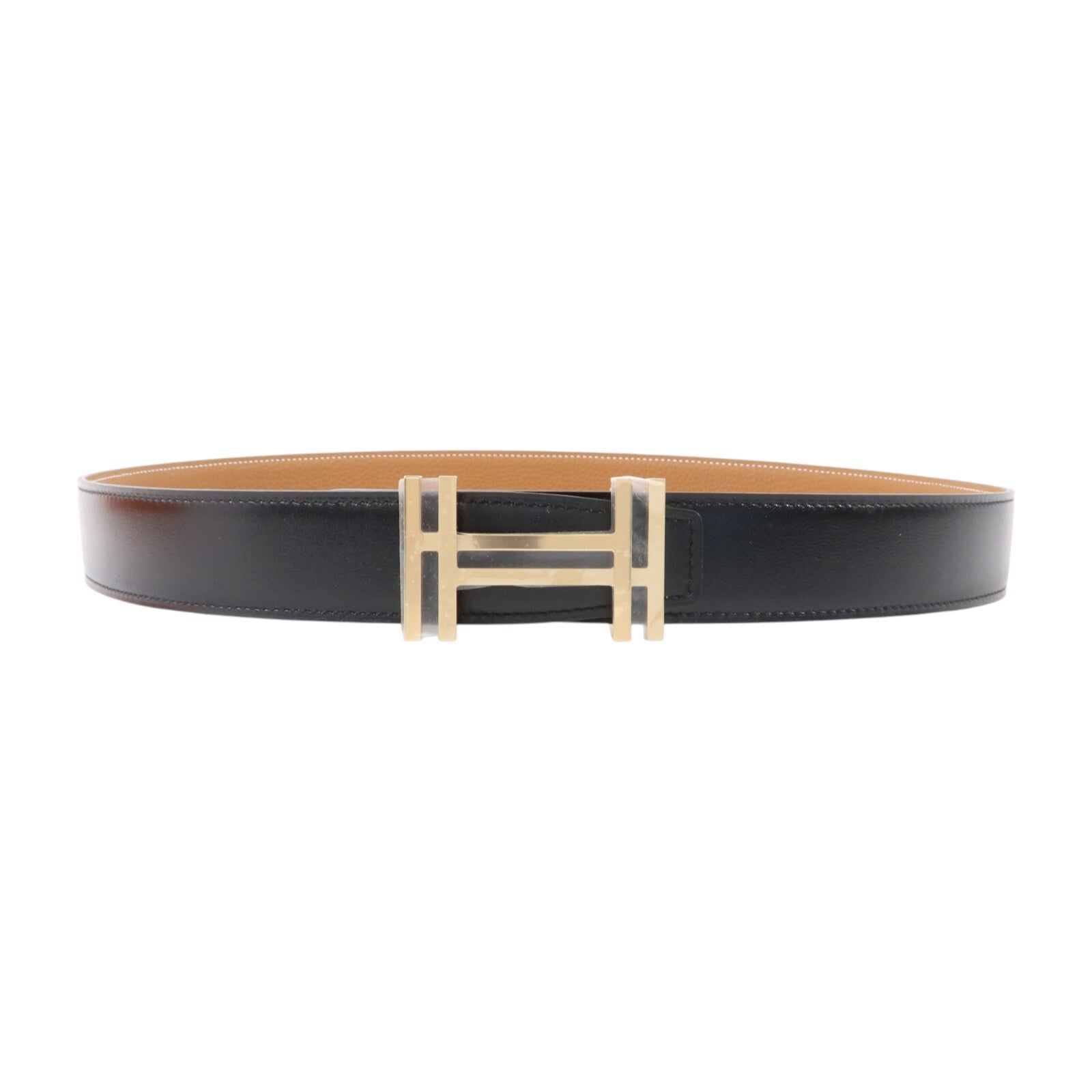 HERMES Box Calf皮革/Togo皮革H Au Carre Belt 90cm金扣皮帶Noir/Gold