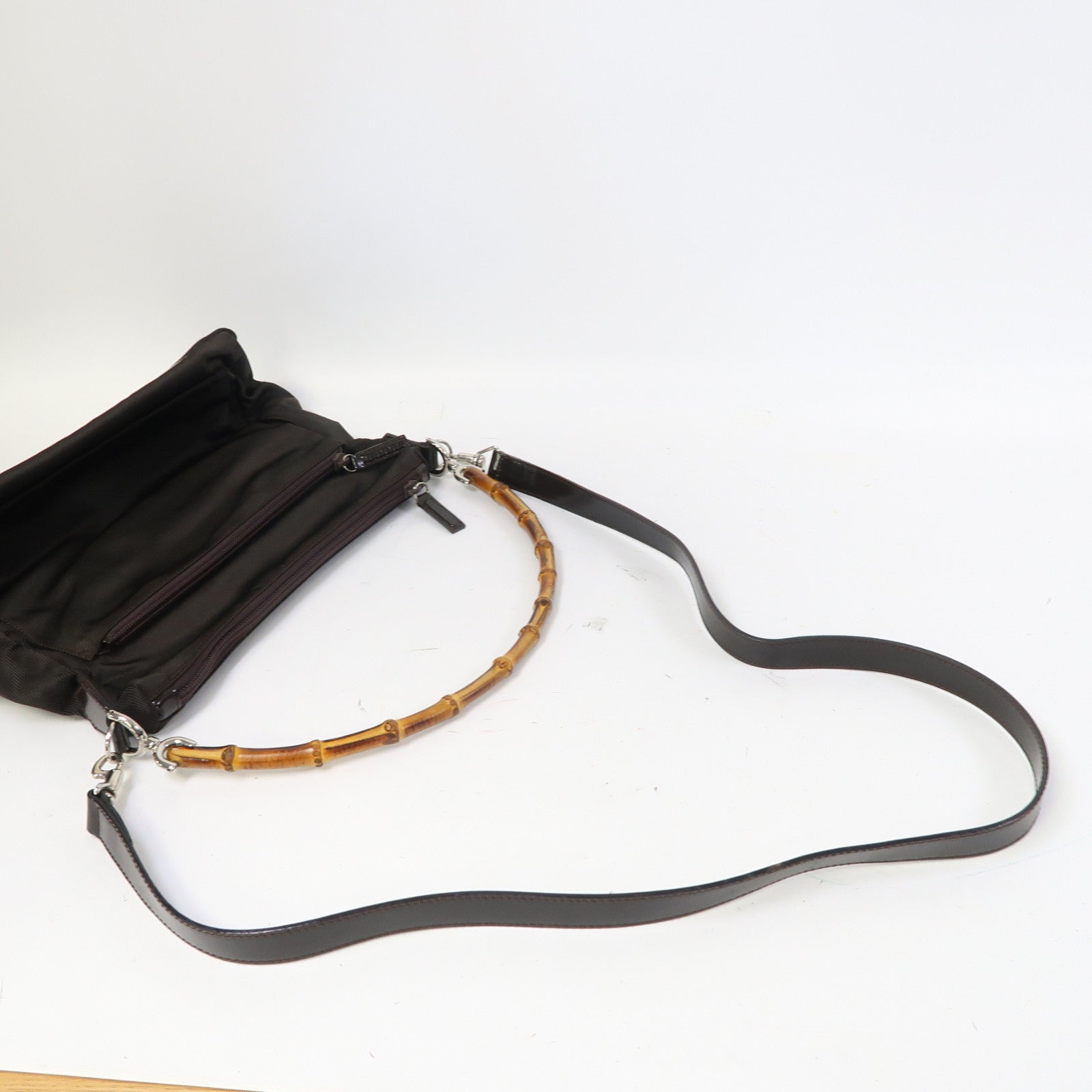 GUCCI 竹製/布Hand Bag銀扣手挽肩背兩用袋啡色