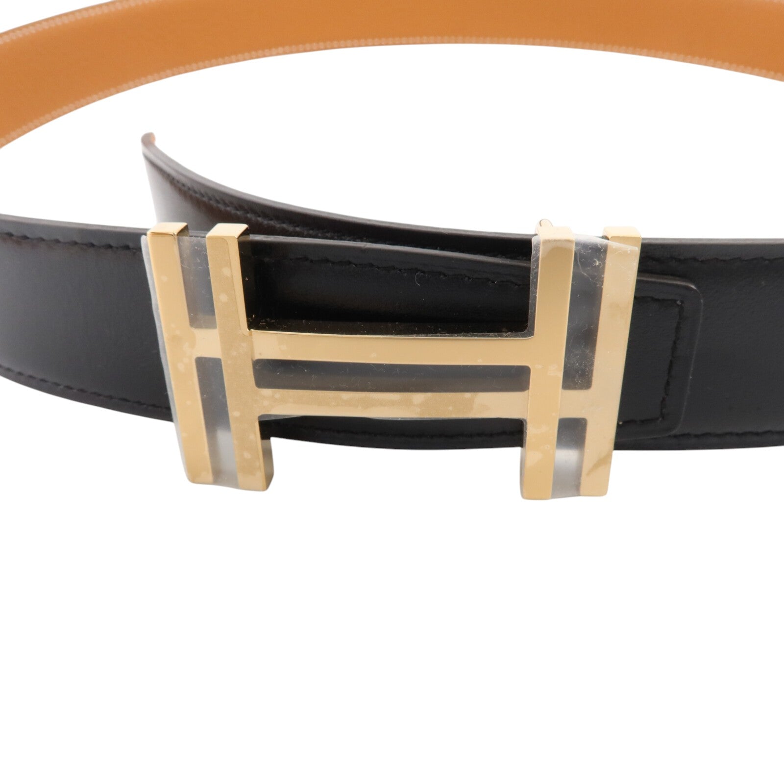 HERMES Box Calf皮革/Togo皮革H Au Carre Belt 90cm金扣皮帶Noir/Gold