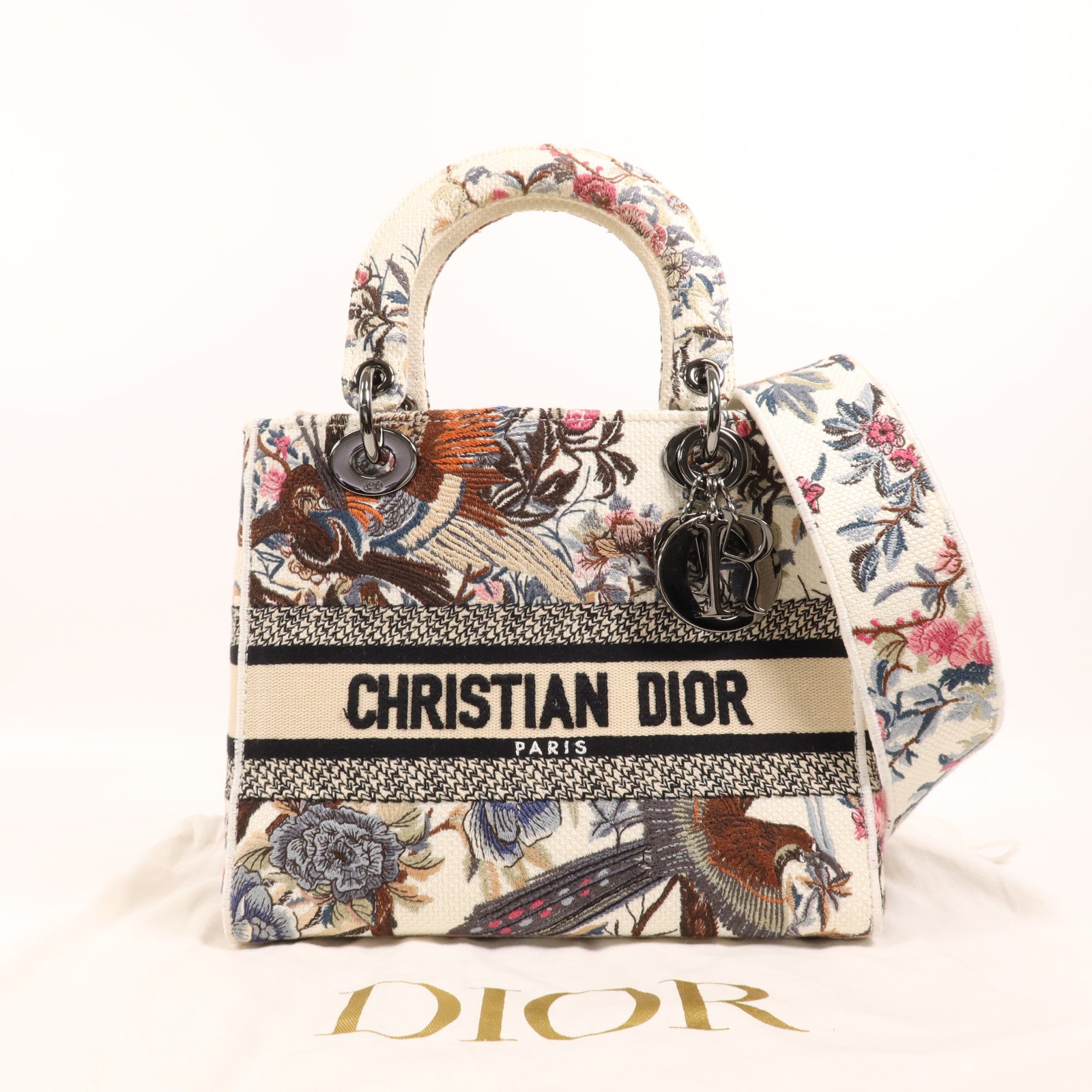 Dior 帆布Lady Dior Medium銀扣手挽肩背兩用袋