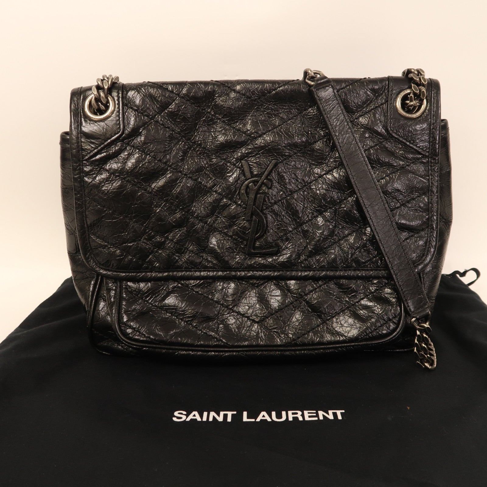 SAINT LAURENT 牛皮皮革Niki Medium銀扣鏈帶肩背袋黑色