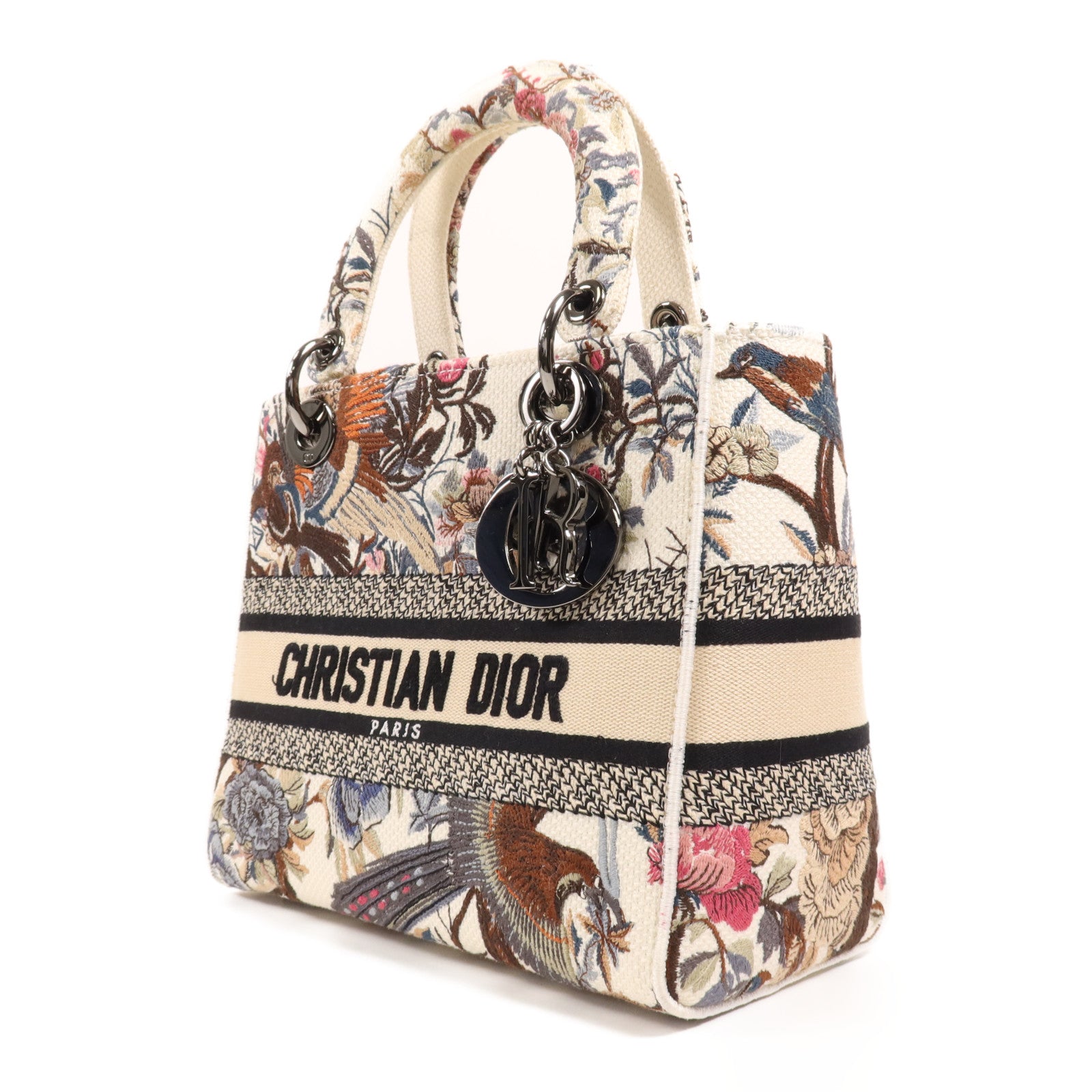 Dior 帆布Lady Dior Medium銀扣手挽肩背兩用袋