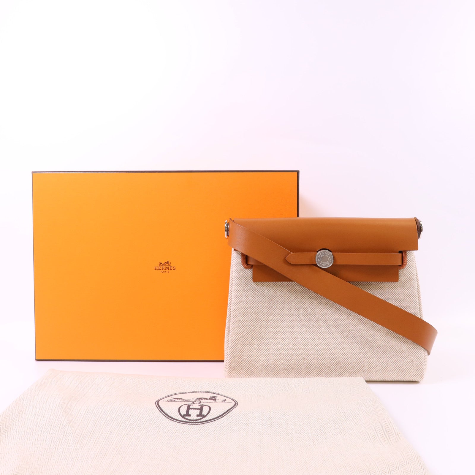 HERMES 帆布Mini Herbag銀扣肩背袋Gold