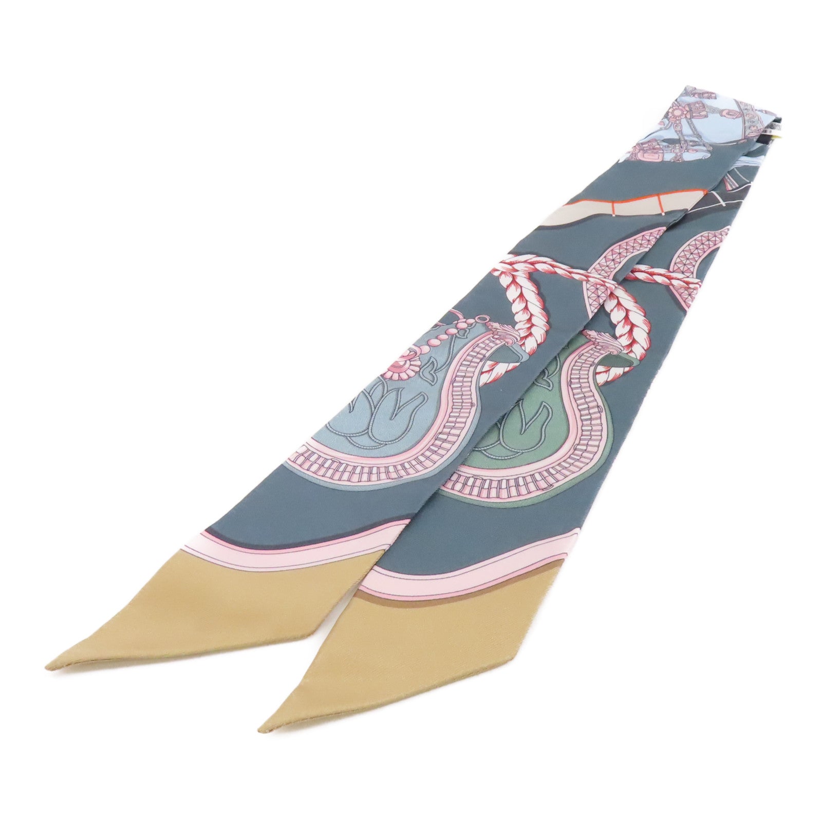 HERMES 絲質Twilly絲巾灰色/米色