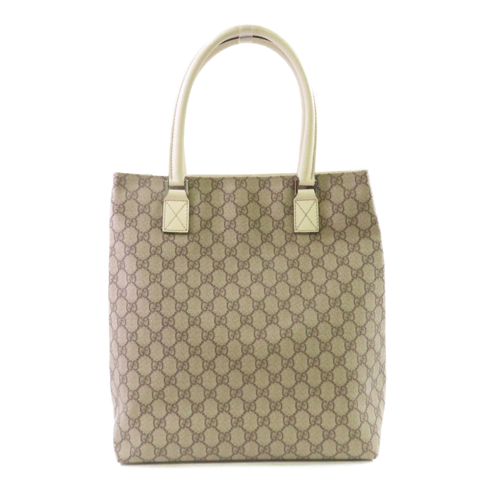 GUCCI 塗層帆布GG Supreme Tote Bag銀扣肩背袋啡色/白色