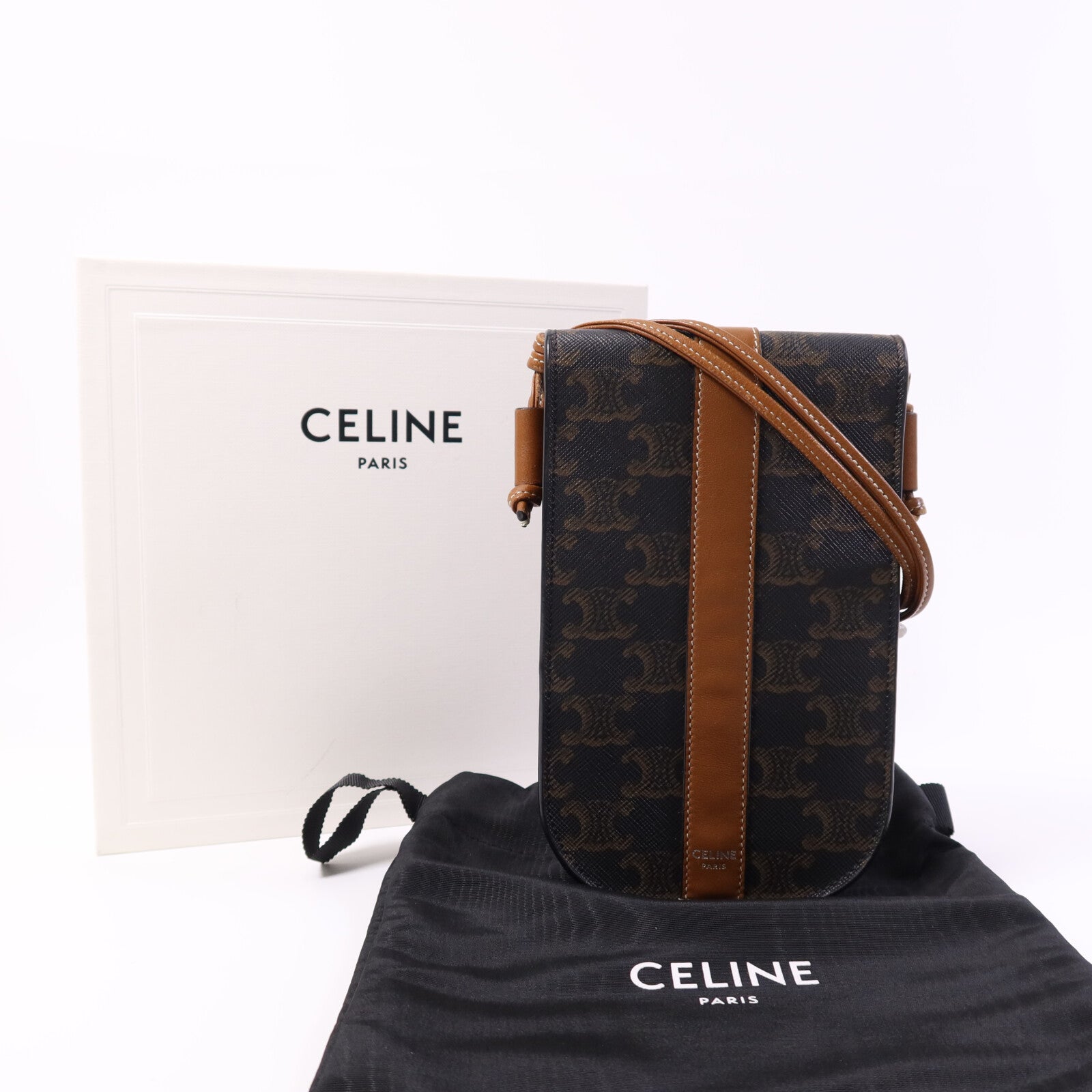 CELINE 塗層帆布Triomphe Phone Bag銀扣肩背手機袋