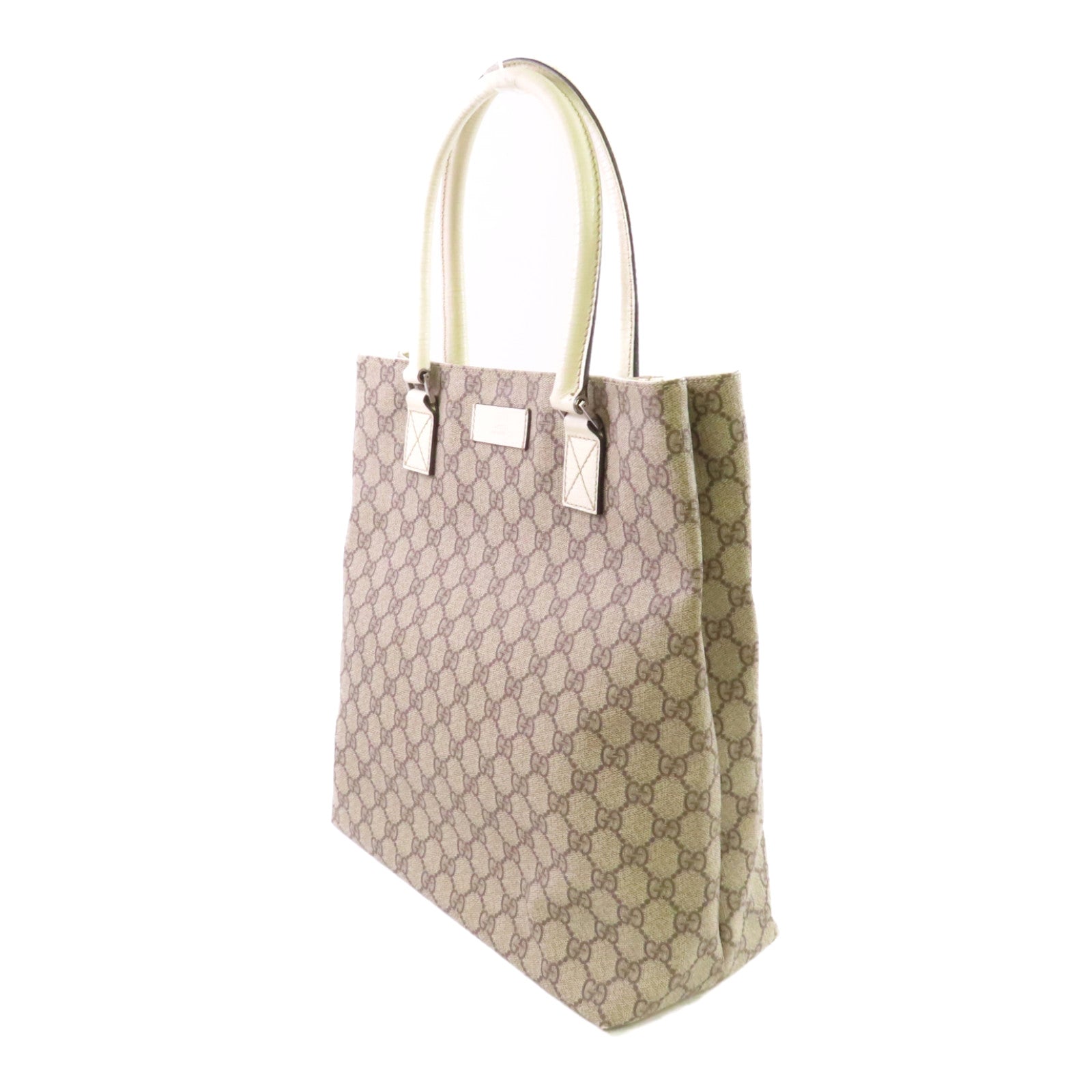 GUCCI 塗層帆布GG Supreme Tote Bag銀扣肩背袋啡色/白色